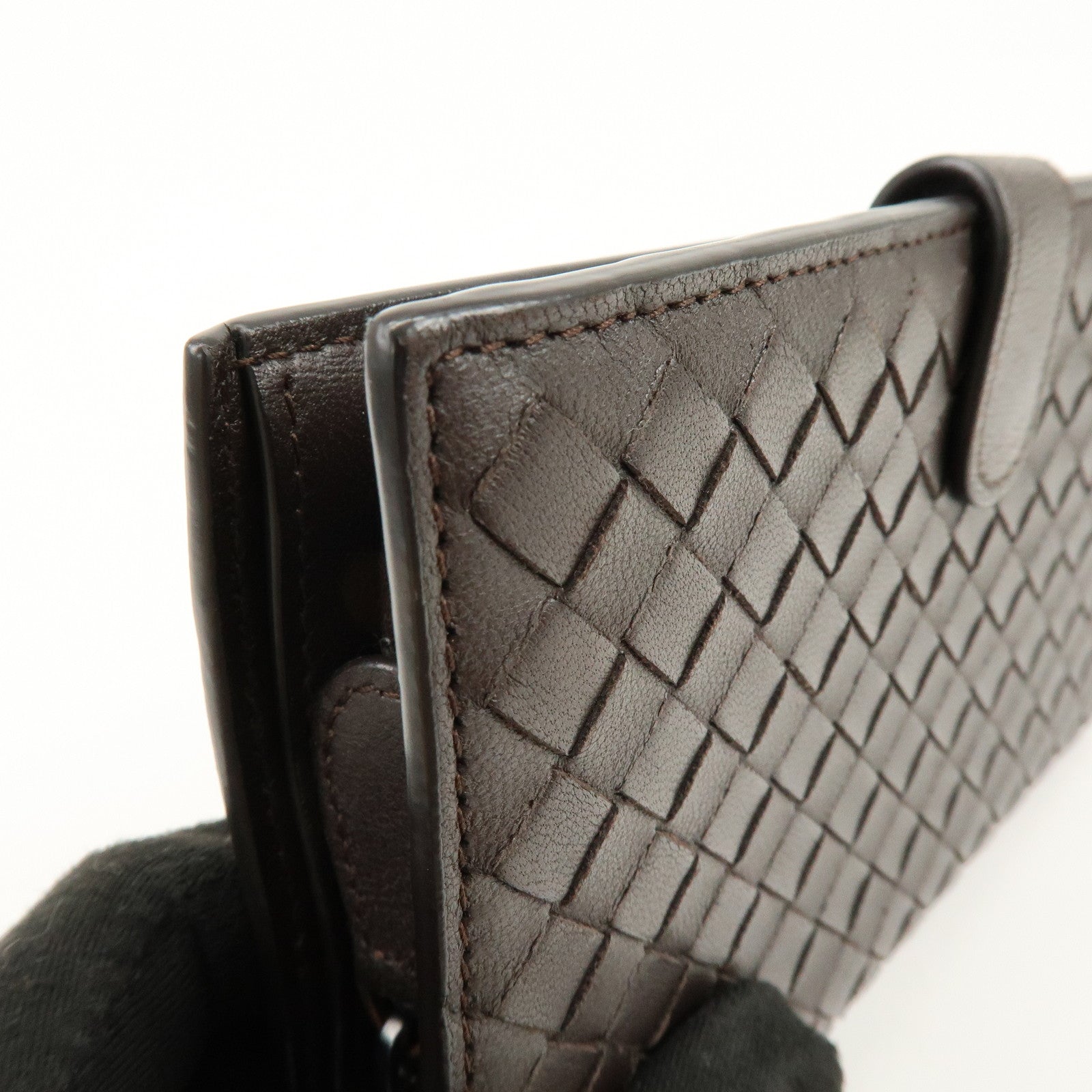 BOTTEGA VENETA Intrecciato Leather Bi-fold Long Wallet Dark Brown