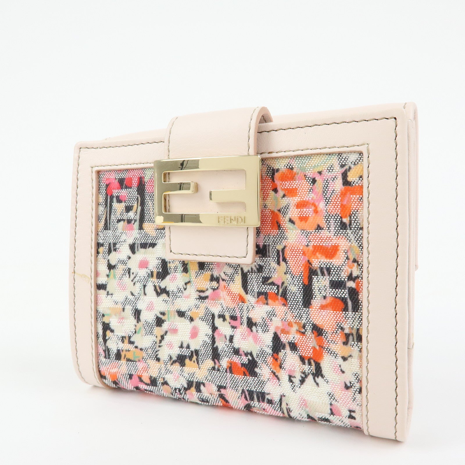 FENDI Zucchino Flower Canvas Leather Compact Wallet Pink 8M0188