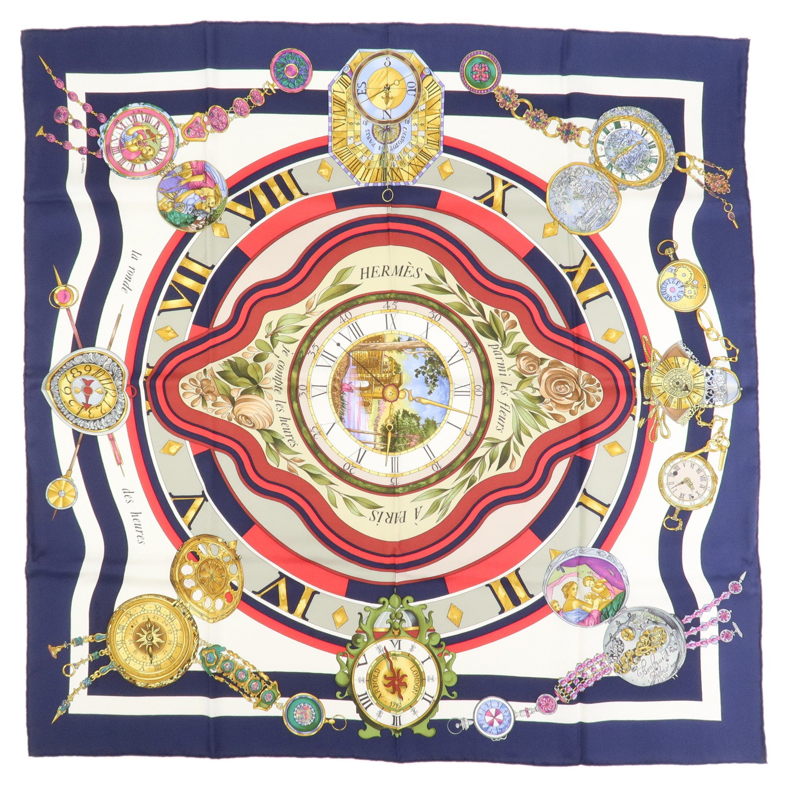 HERMES Carre 90 Silk Scarf PARMI LES FLEURS JE COMPTE LES HEURES
