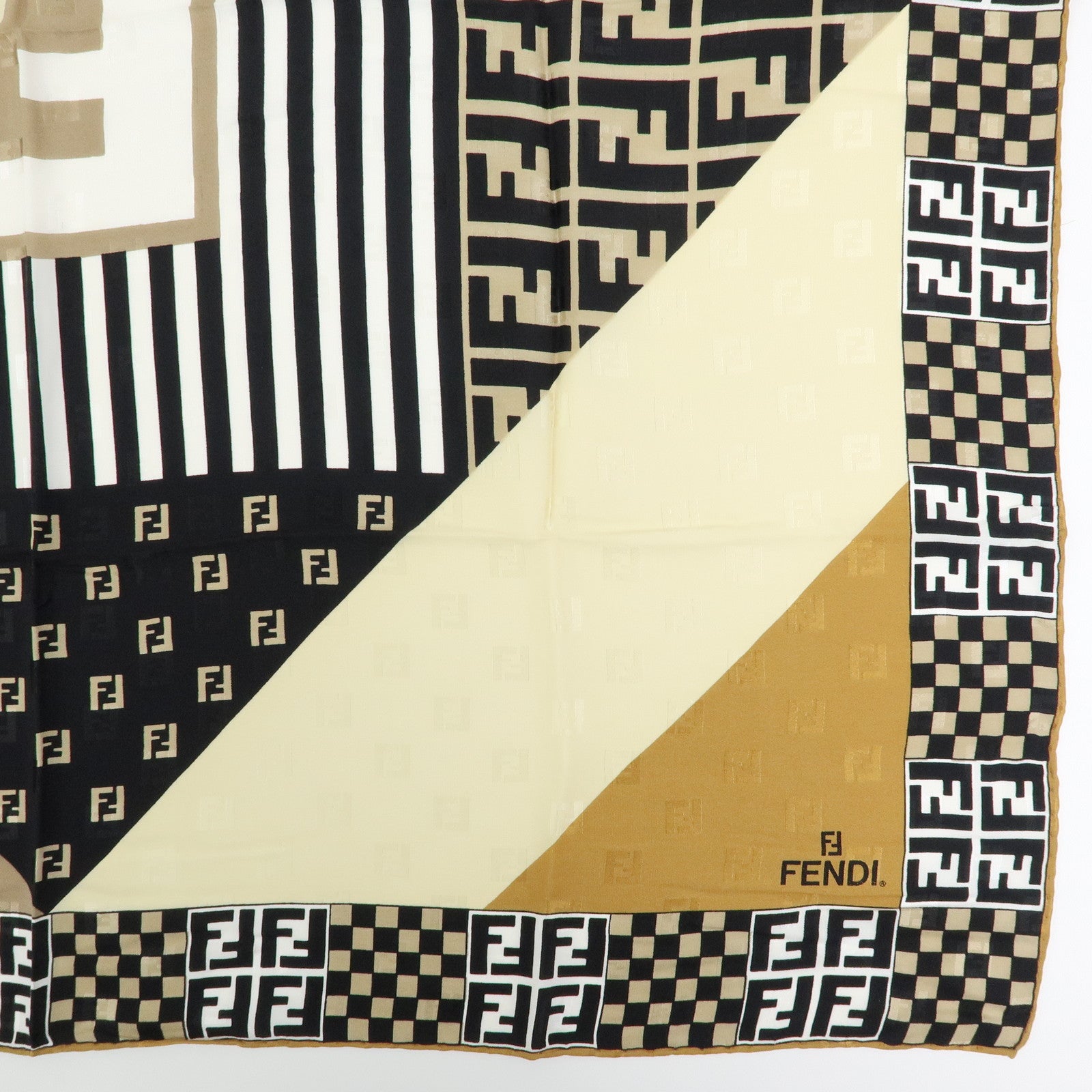 FENDI Zucca Silk 100% Scarf Black Beige Brown