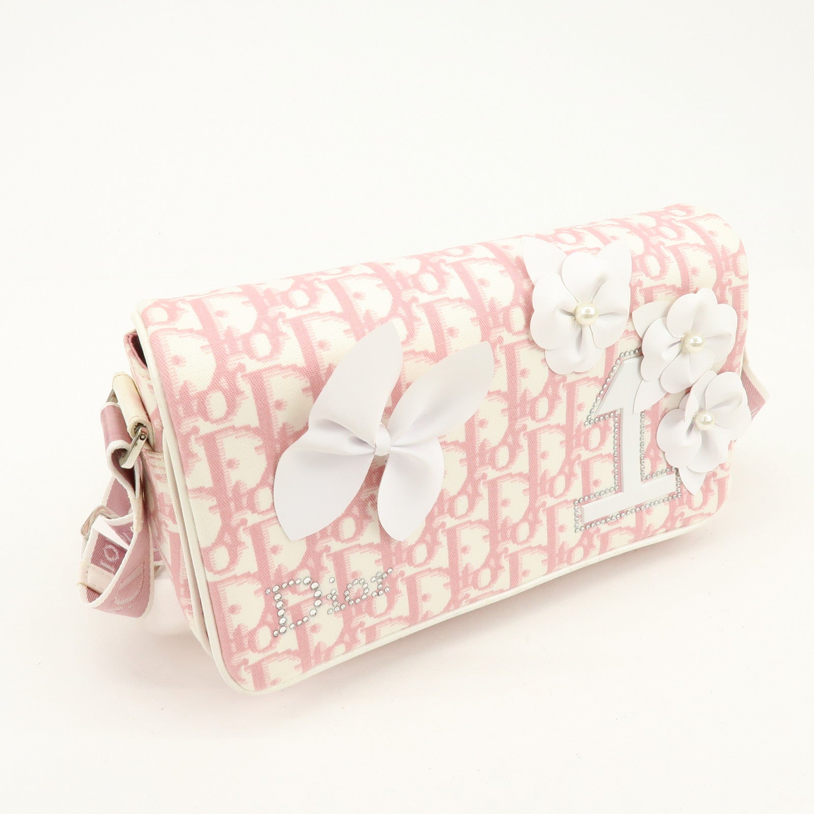 Christian Dior Trotter Canvas Rhinestone Leather Shoulder Bag Pink