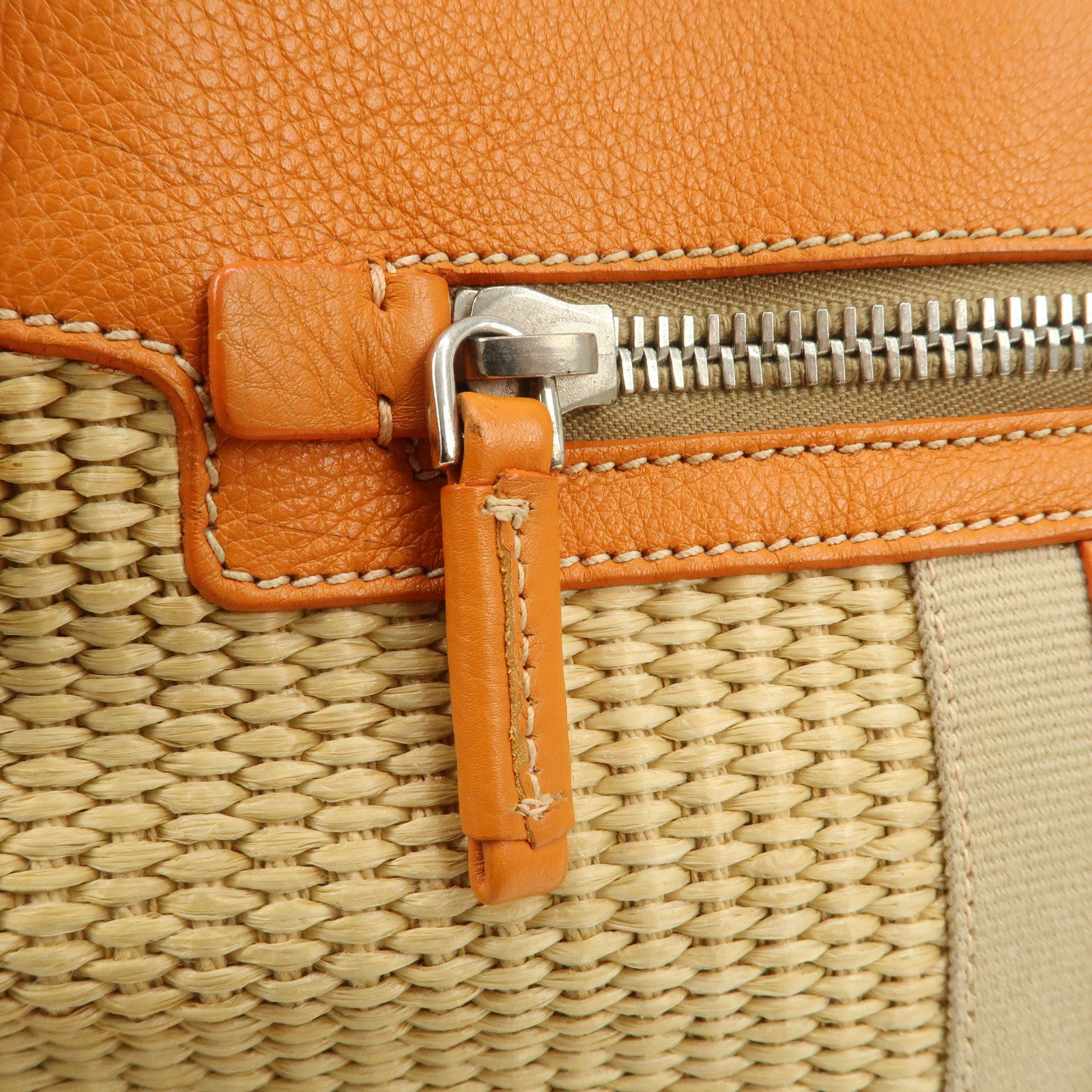 PRADA Triangle Logo Raffia Leather Shoulder Bag Beige Orange