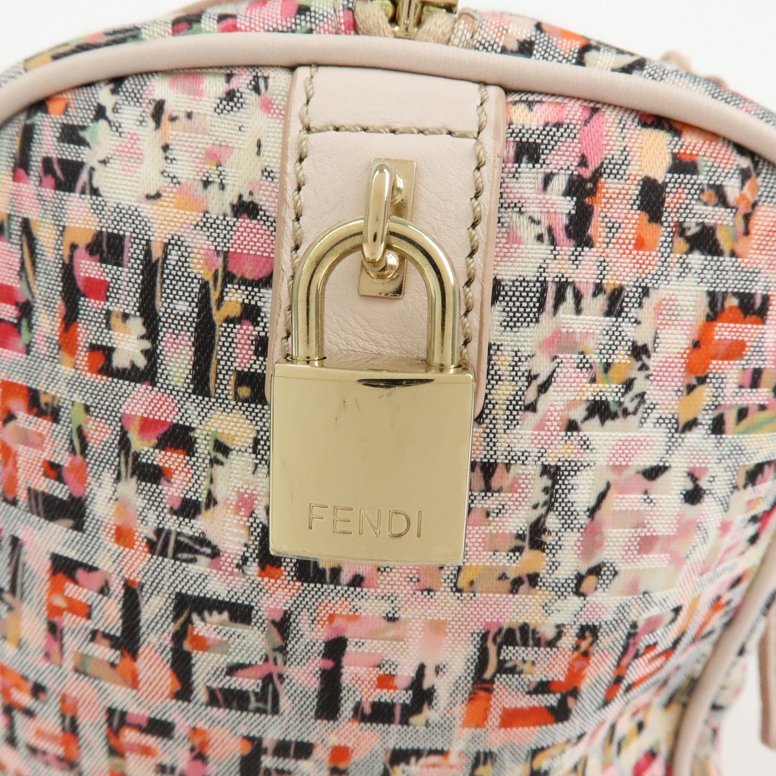 FENDI Zucchino Flower Print Canvas Leather Boston Bag Pink 8BL068