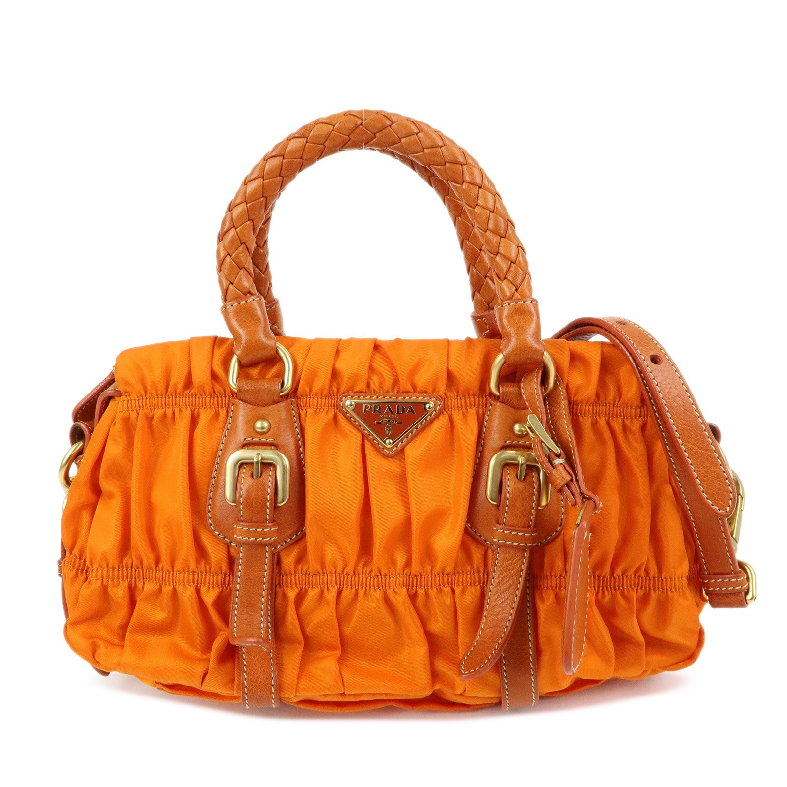 PRADA Triangle Logo Nylon Leather 2Way Bag Hand Bag Orange