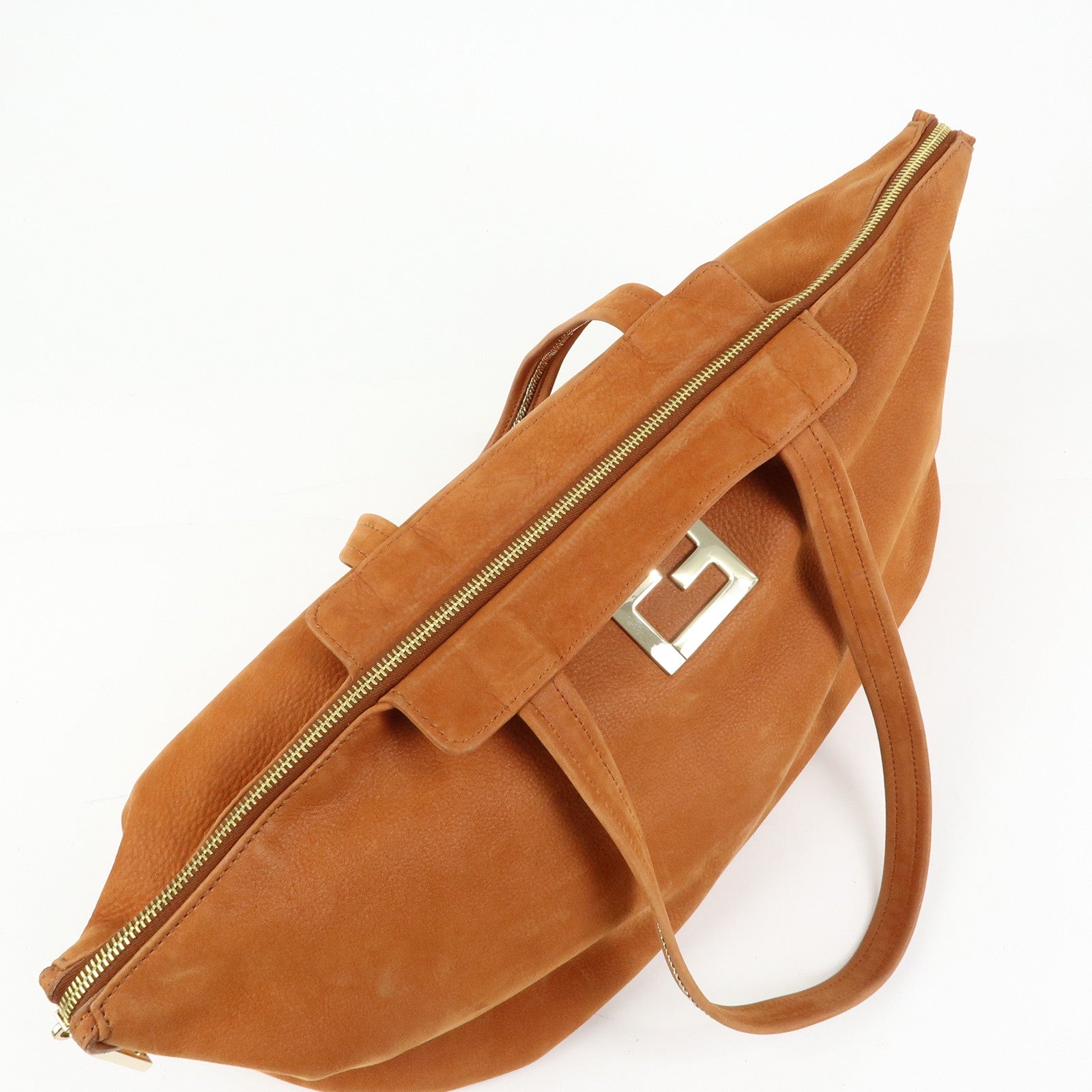 FENDI Leather LAMPO Tote Bag Shoulder Bag Camel Brown 8BR636