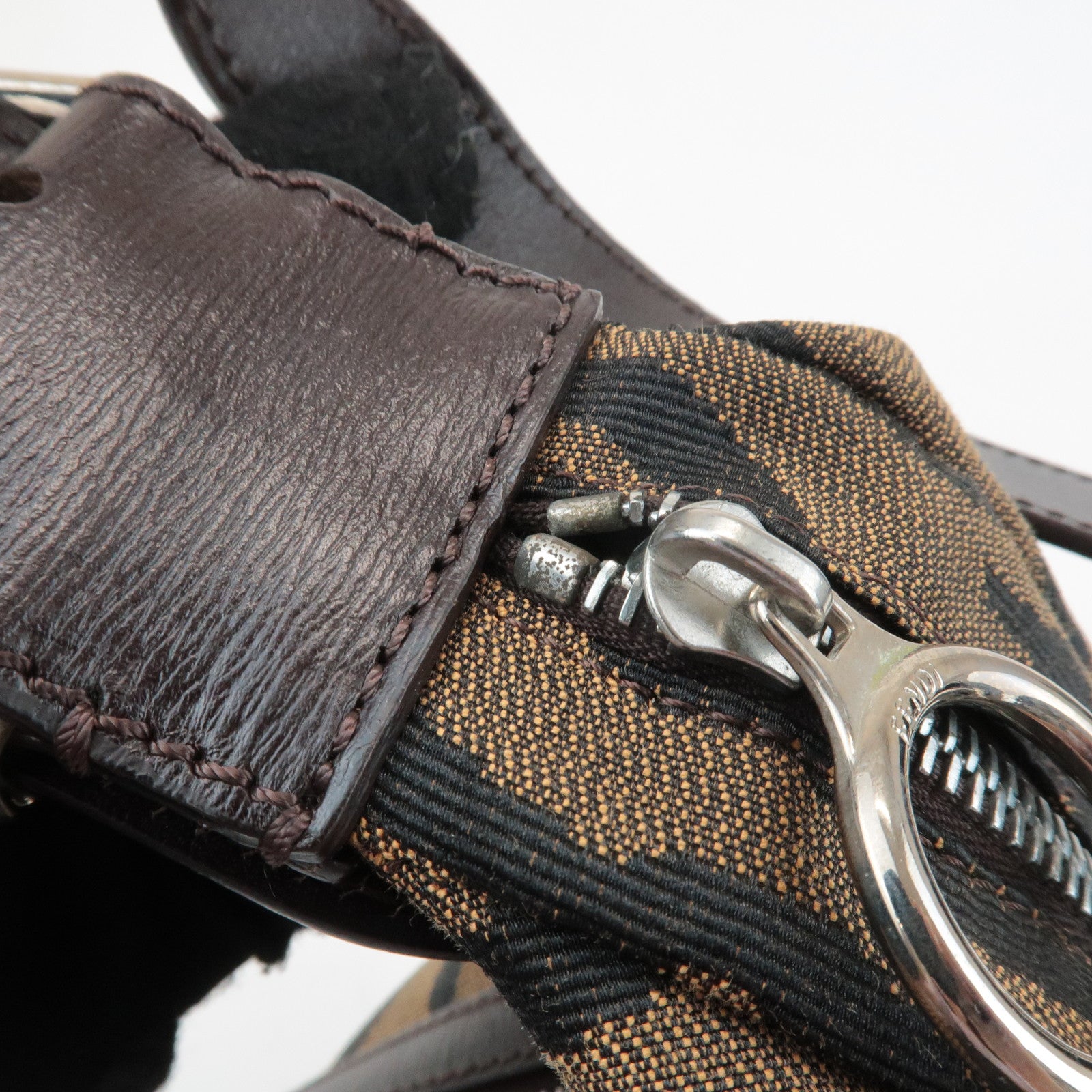 FENDI Zebra Leather Canvas Shoulder Bag Hand Bag Black Brown Used