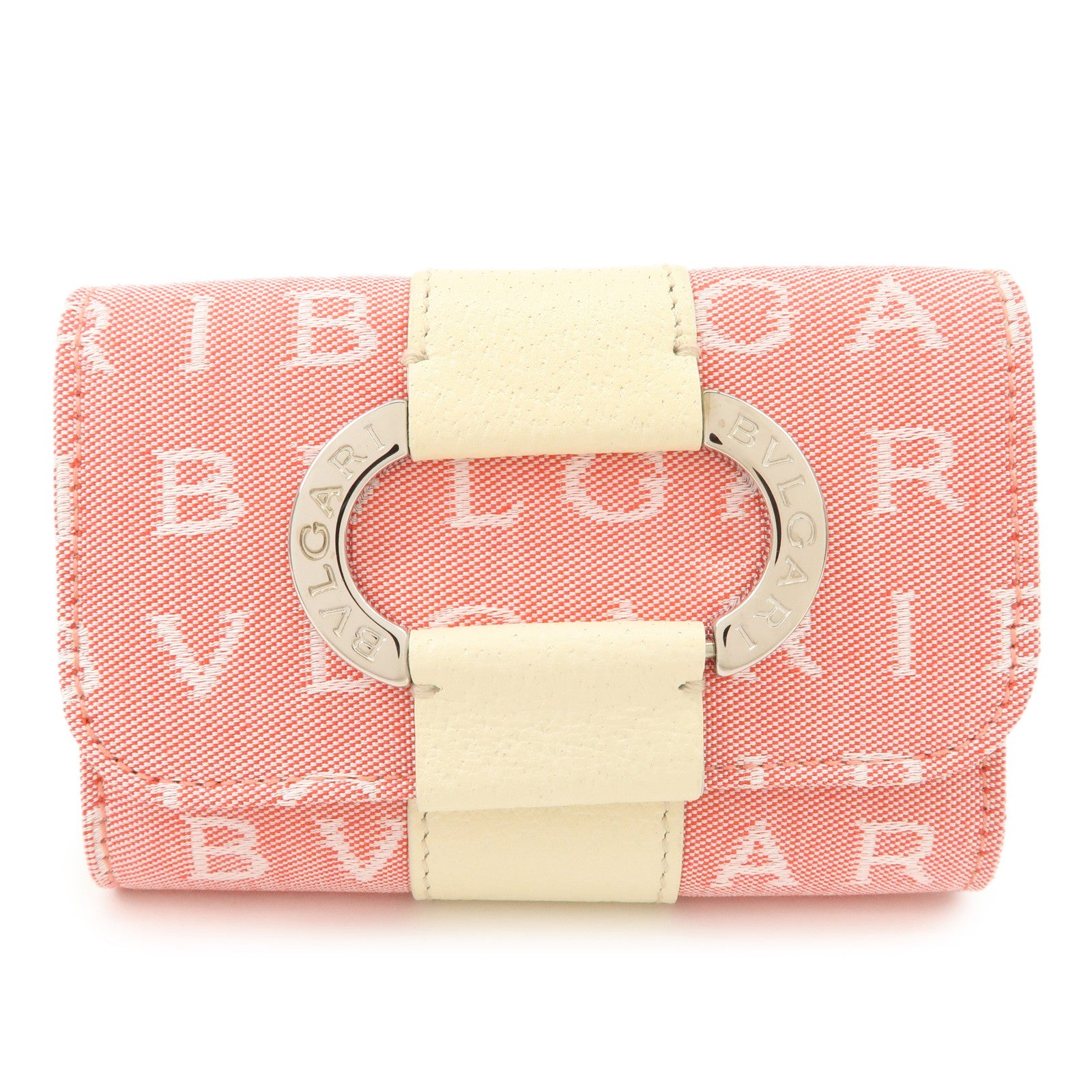 BVLGARI Logo Maniac Canvas Leather 6 Key Case Coin Case Pink White Used