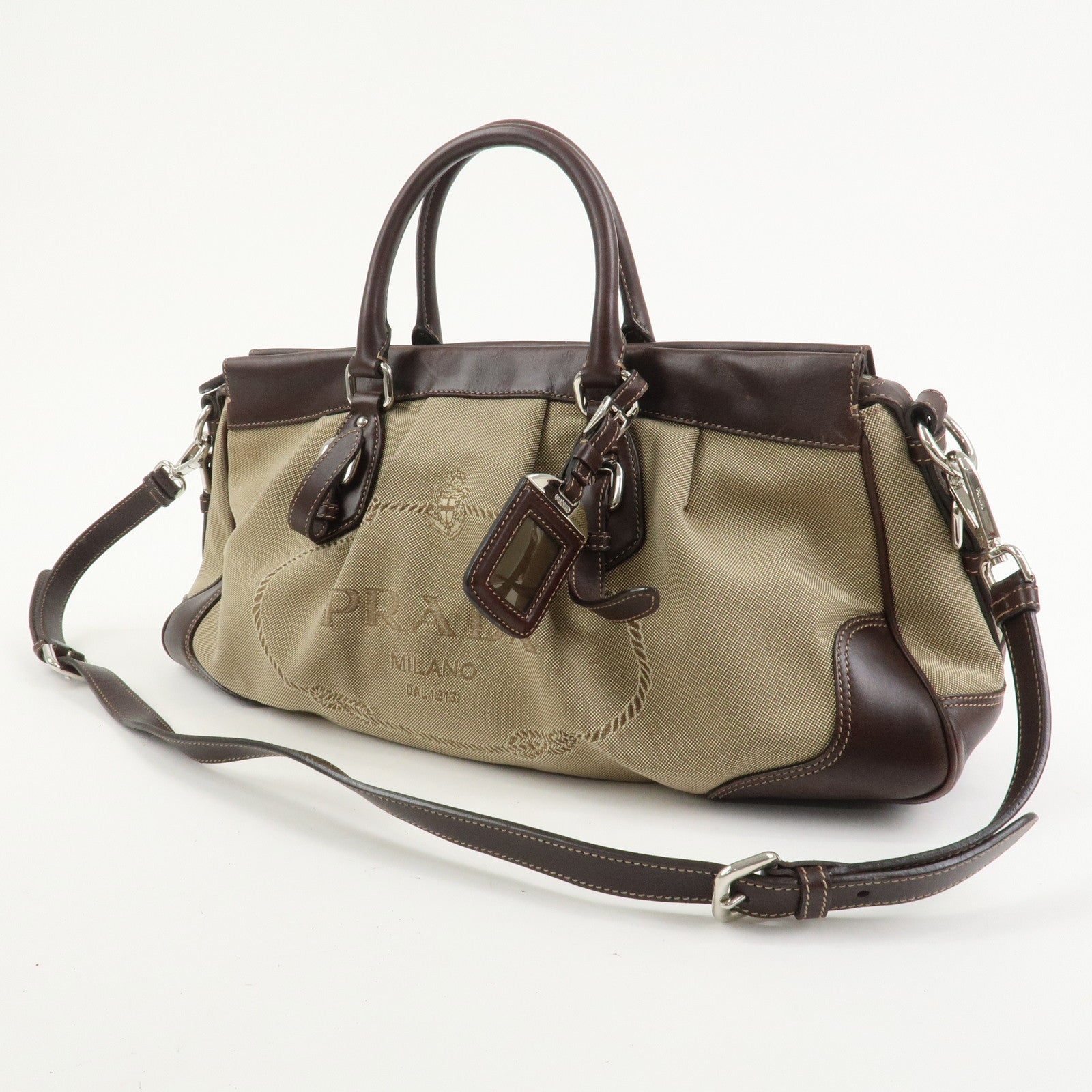 PRADA Logo Canvas Leather 2Way Bag Shoulder Bag Hand Bag Brown