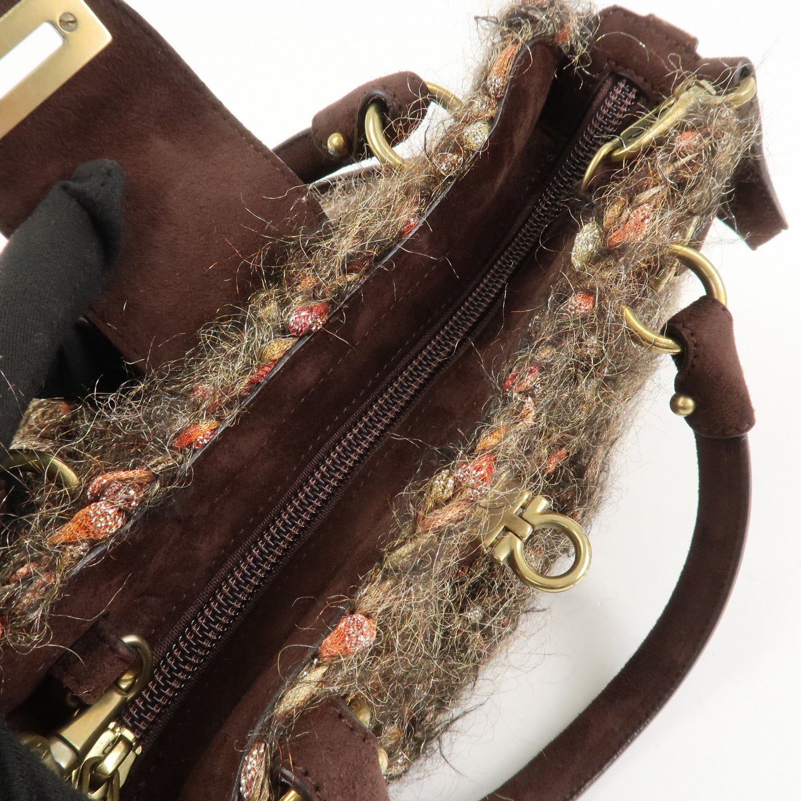 Ferragamo Gancini Wool Suede 2Way Bag Hand Bag Shoulder Bag Brown