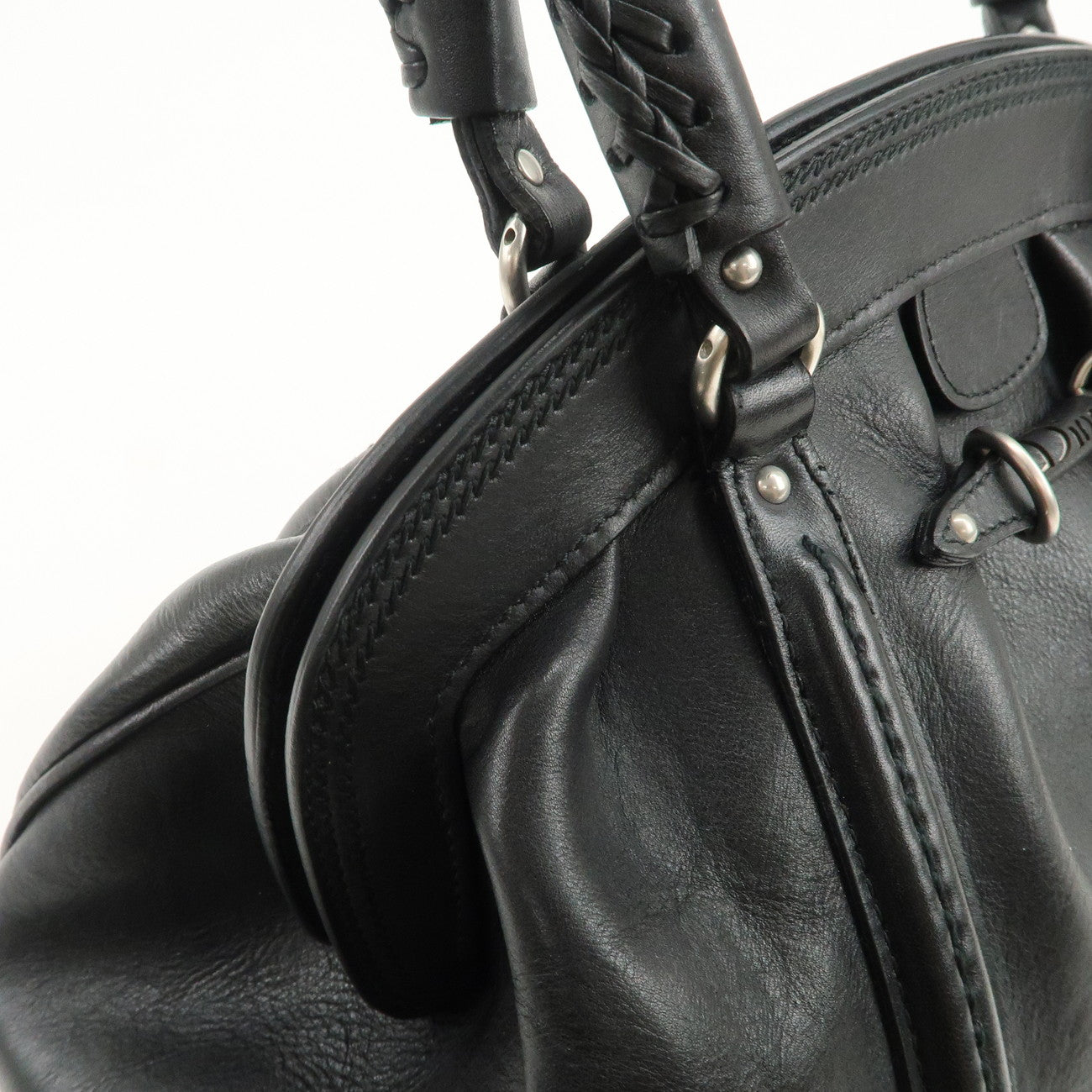 Christian Dior Logo Leather Hand Bag Shoulder Bag Black Silver