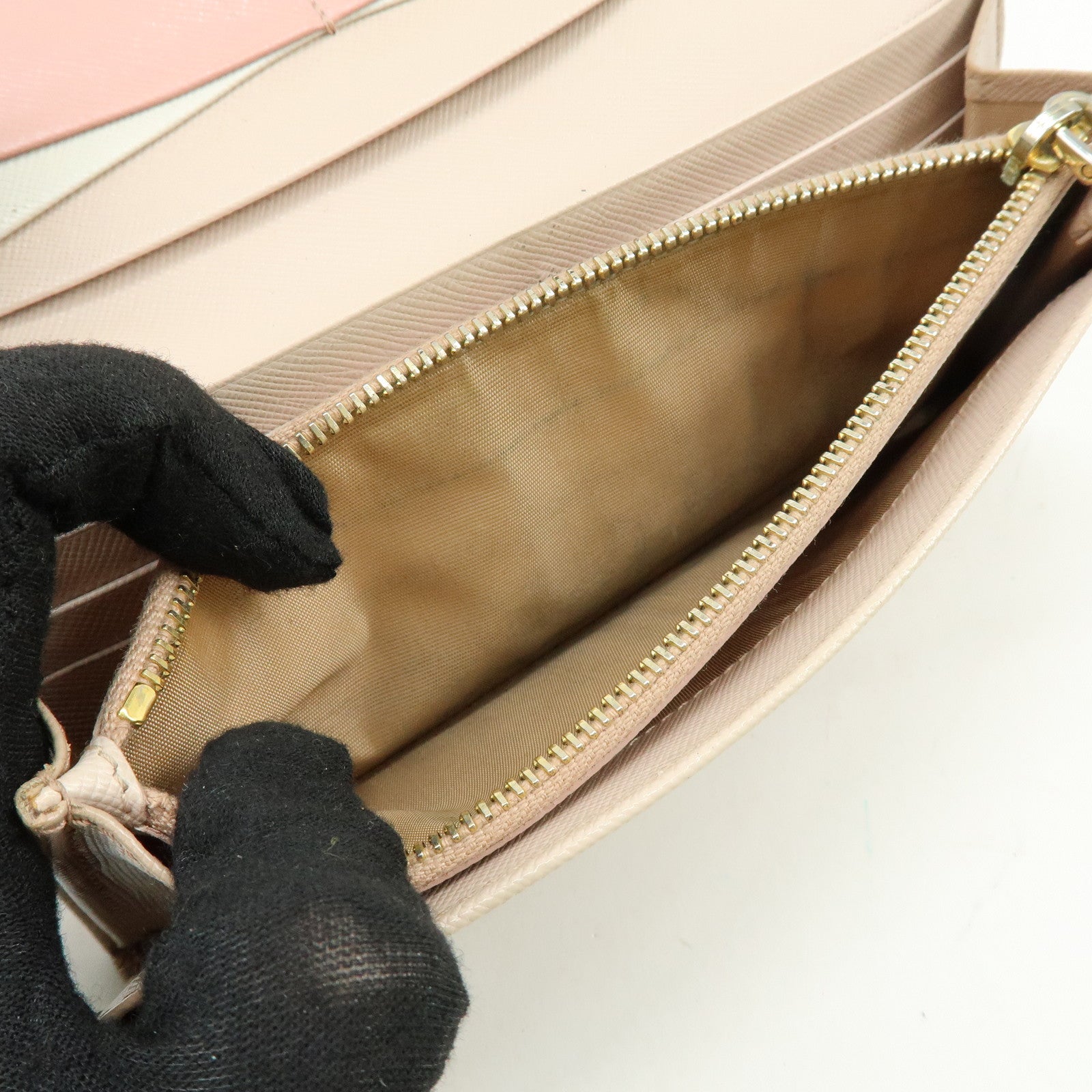 PRADA Logo Saffiano Leather Flap Bi-Fold Long Wallet Beige