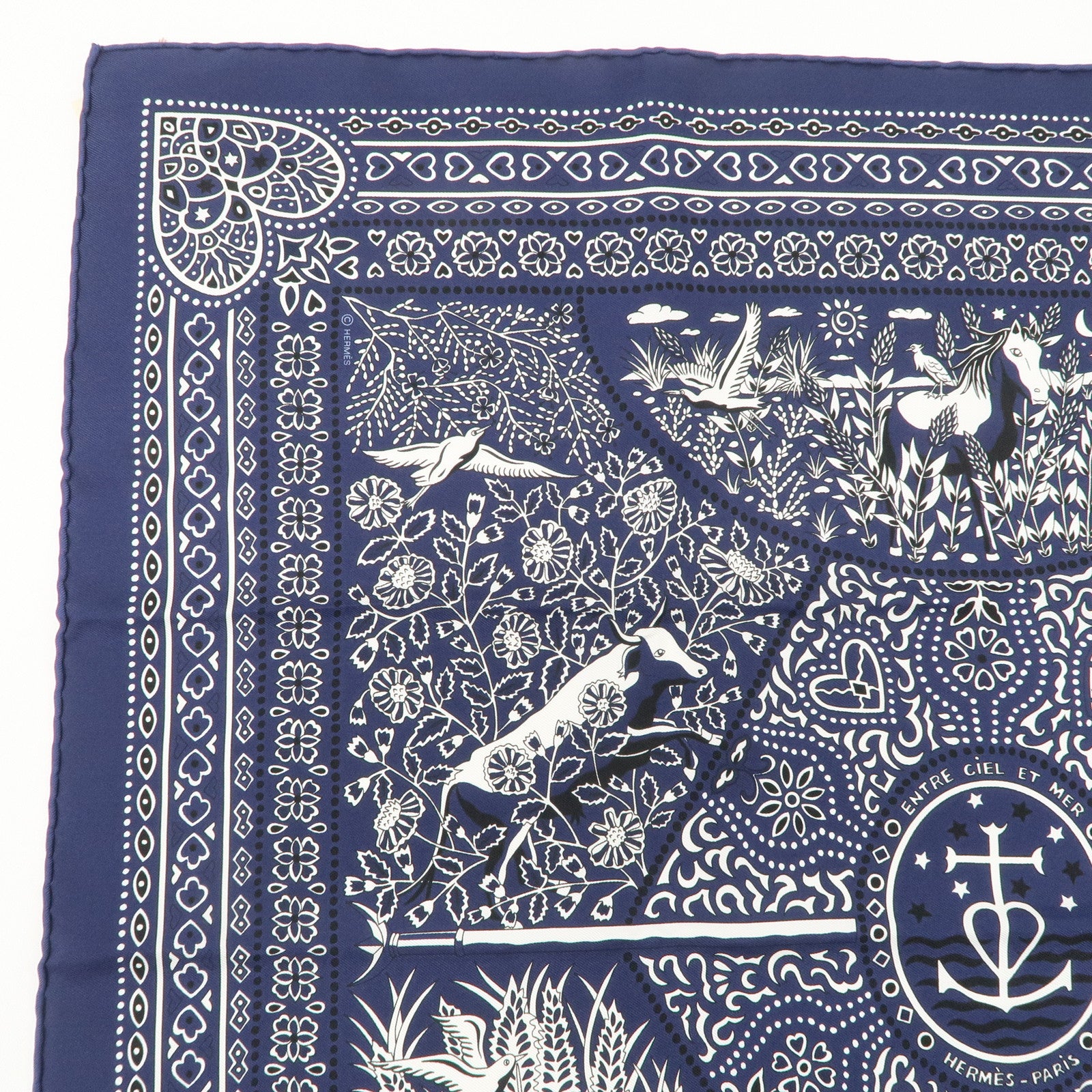 HERMES Carre 55 Silk 100% Scarf Entre Ciel et mer Navy Used