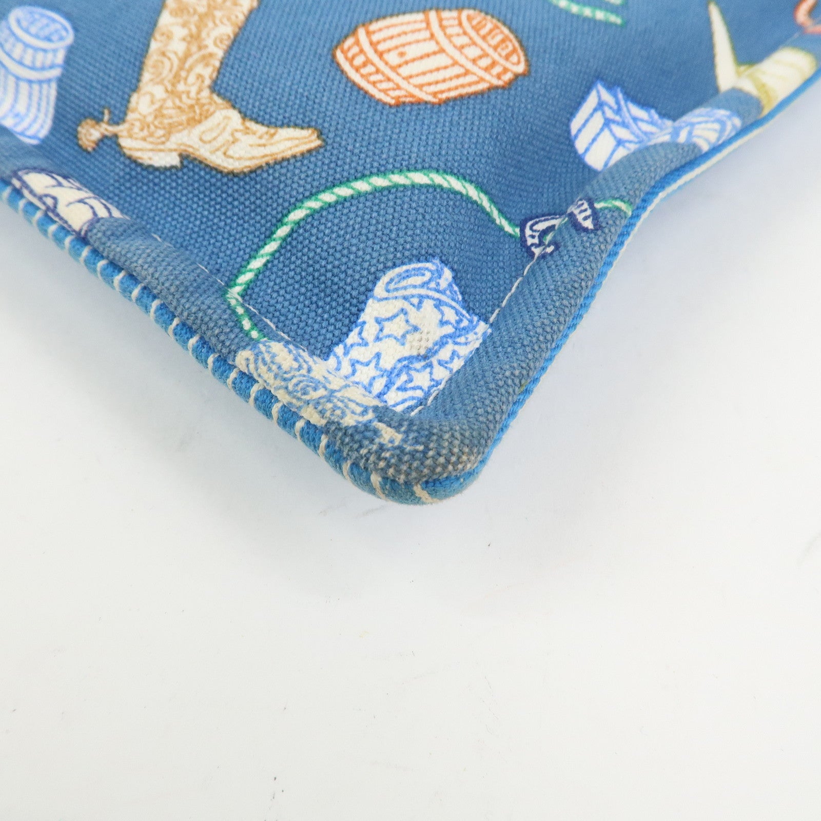 HERMES Cotton Western Motif Pouch Cosmetic Pouch Blue Multicolor