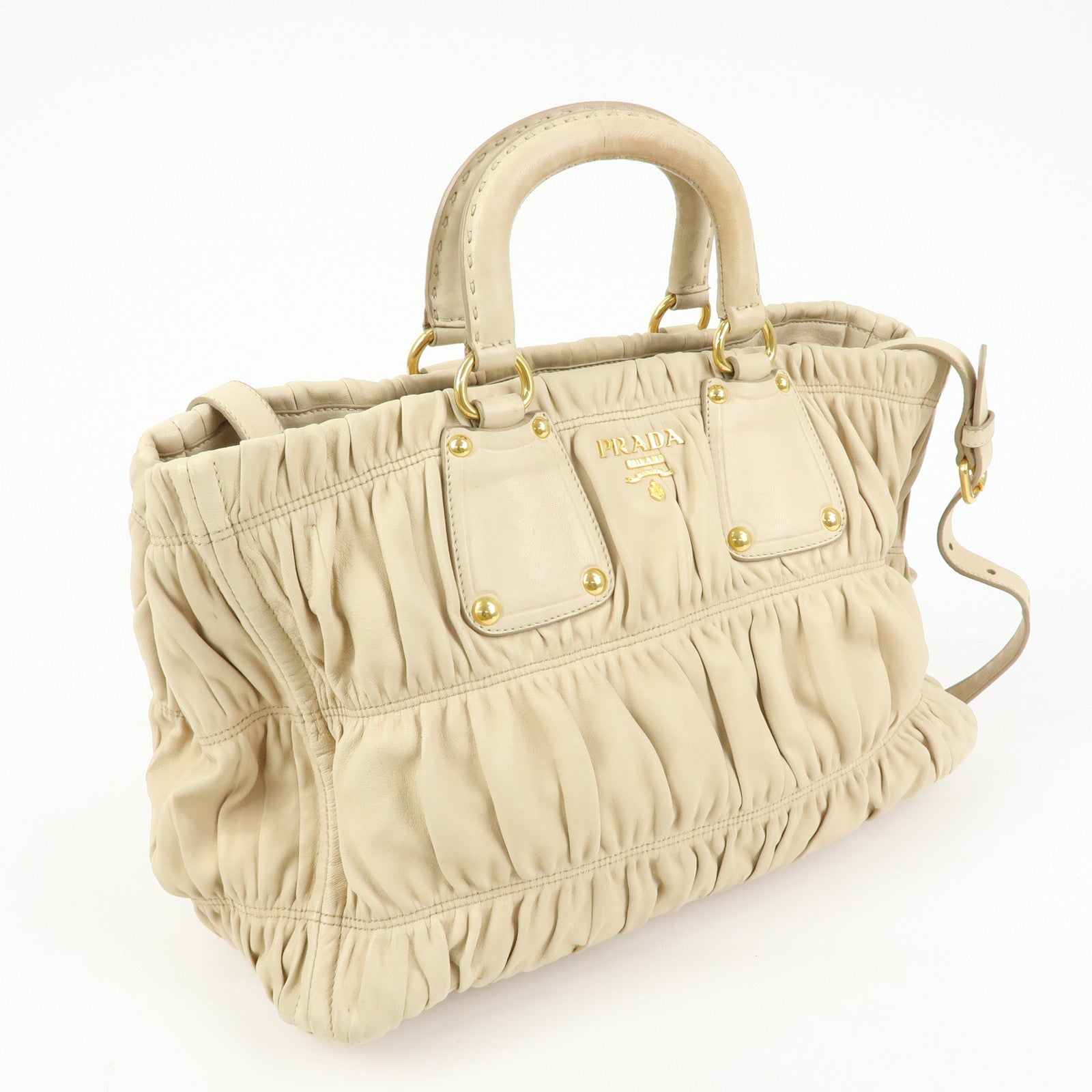 PRADA Logo Gathered Leather 2Way Hand Bag Shoulder Bag Beige BN1924