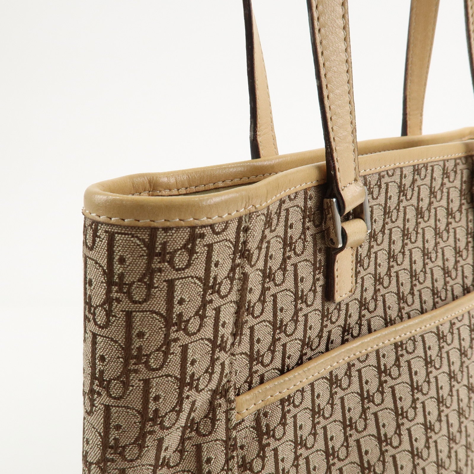 Christian Dior Trotter Leather Canvas Tote Bag Shoulder Bag Beige
