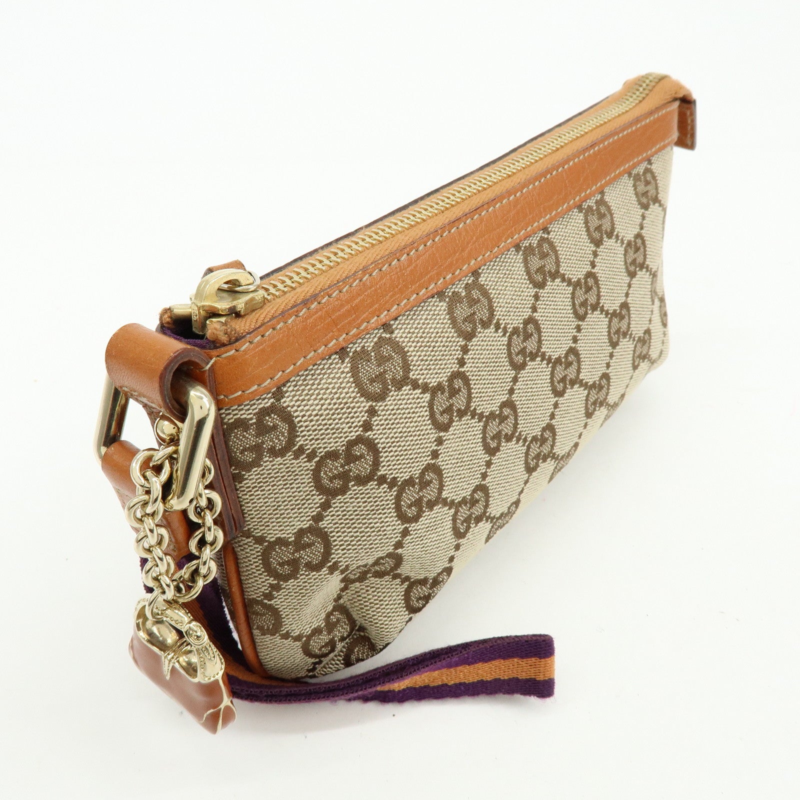 GUCCI Sherry GG Canvas Leather Cosmetic Pouch Beige Camel 152507