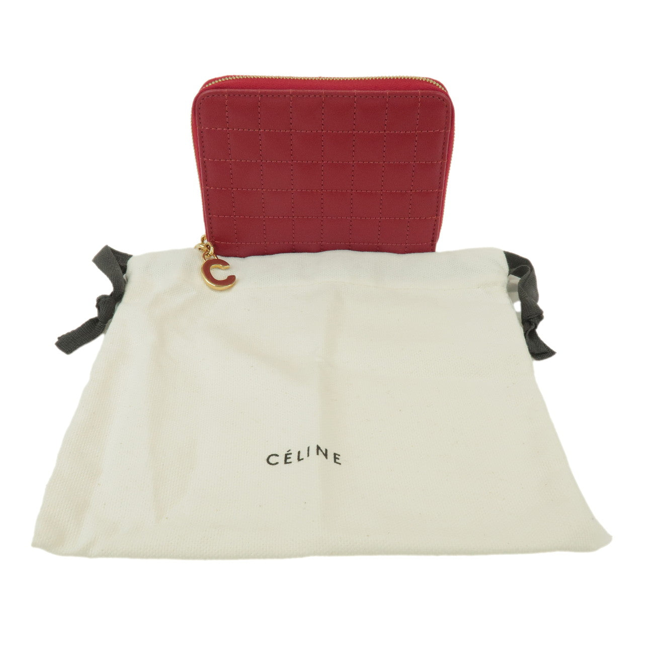 CELINE Leather Compact Zippy Wallet Coin Case C-charm Red