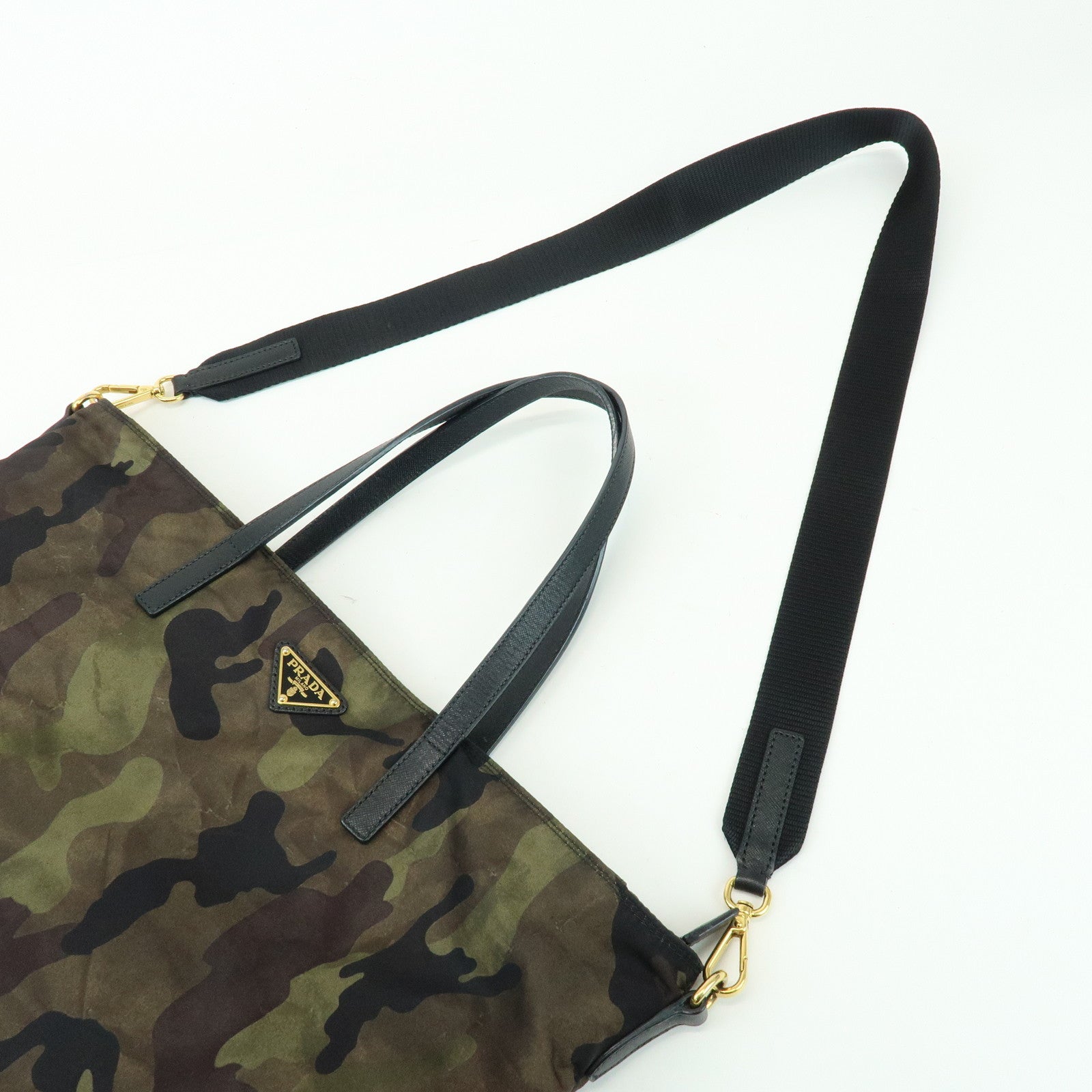 PRADA Triangle Logo Nylon Saffiano Leather 2Way Hand Shoulder Bag Khaki