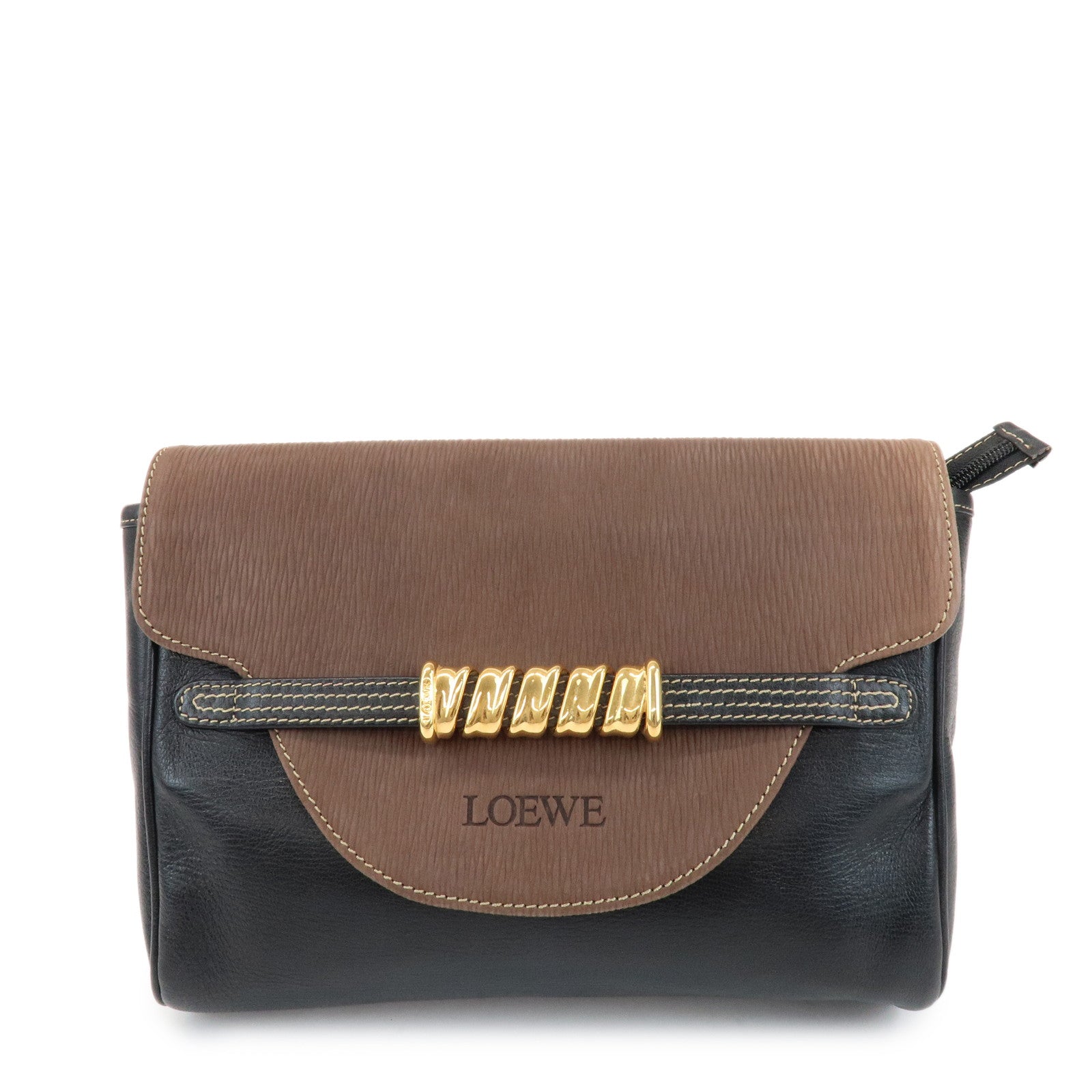 LOEWE Velazquez Logo Leather Clutch Bag Black Brown
