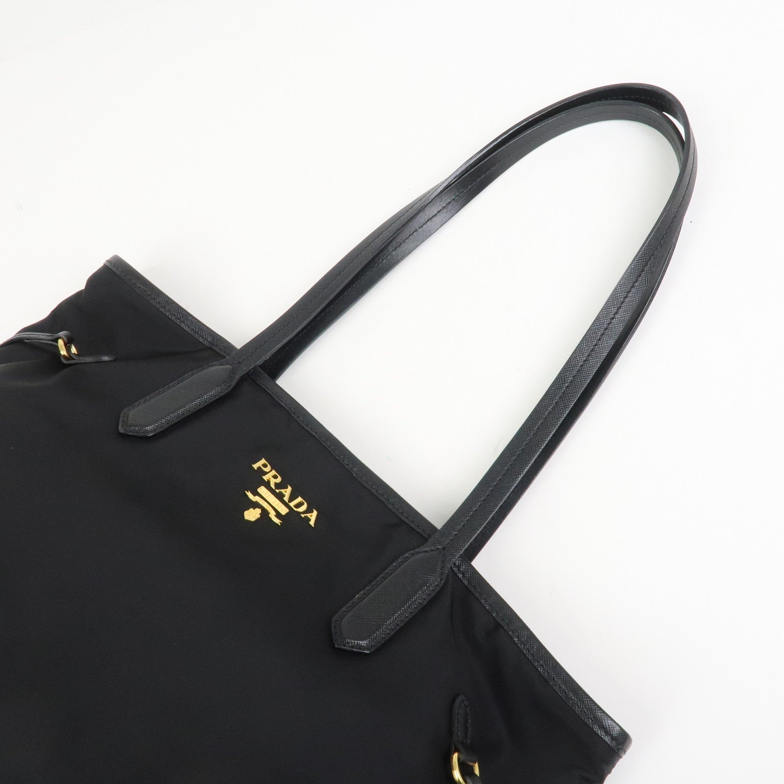 PRADA Logo Nylon Saffiano Leather Tote Bag Shoulder Bag Black