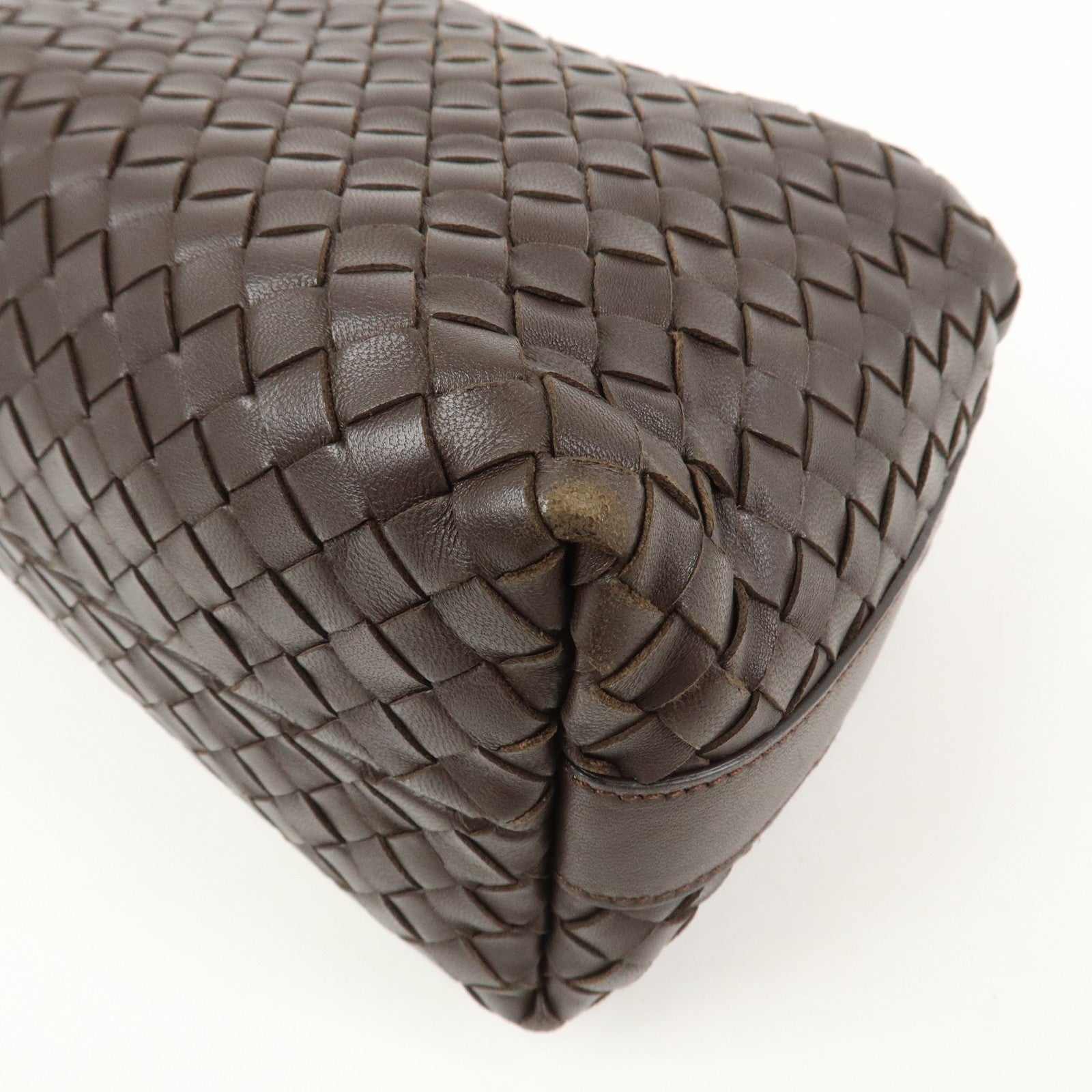 BOTTEGA VENETA Intrecciato Lamb Skin Hand Bag Boston Bag Dark Brown