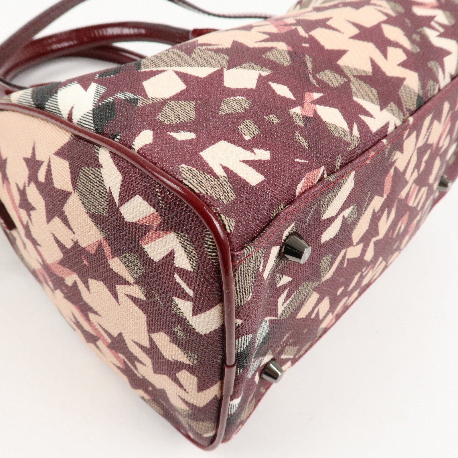 BURBERRY PVC Canvas Patent Leather Boston Bag Beige Bordeaux