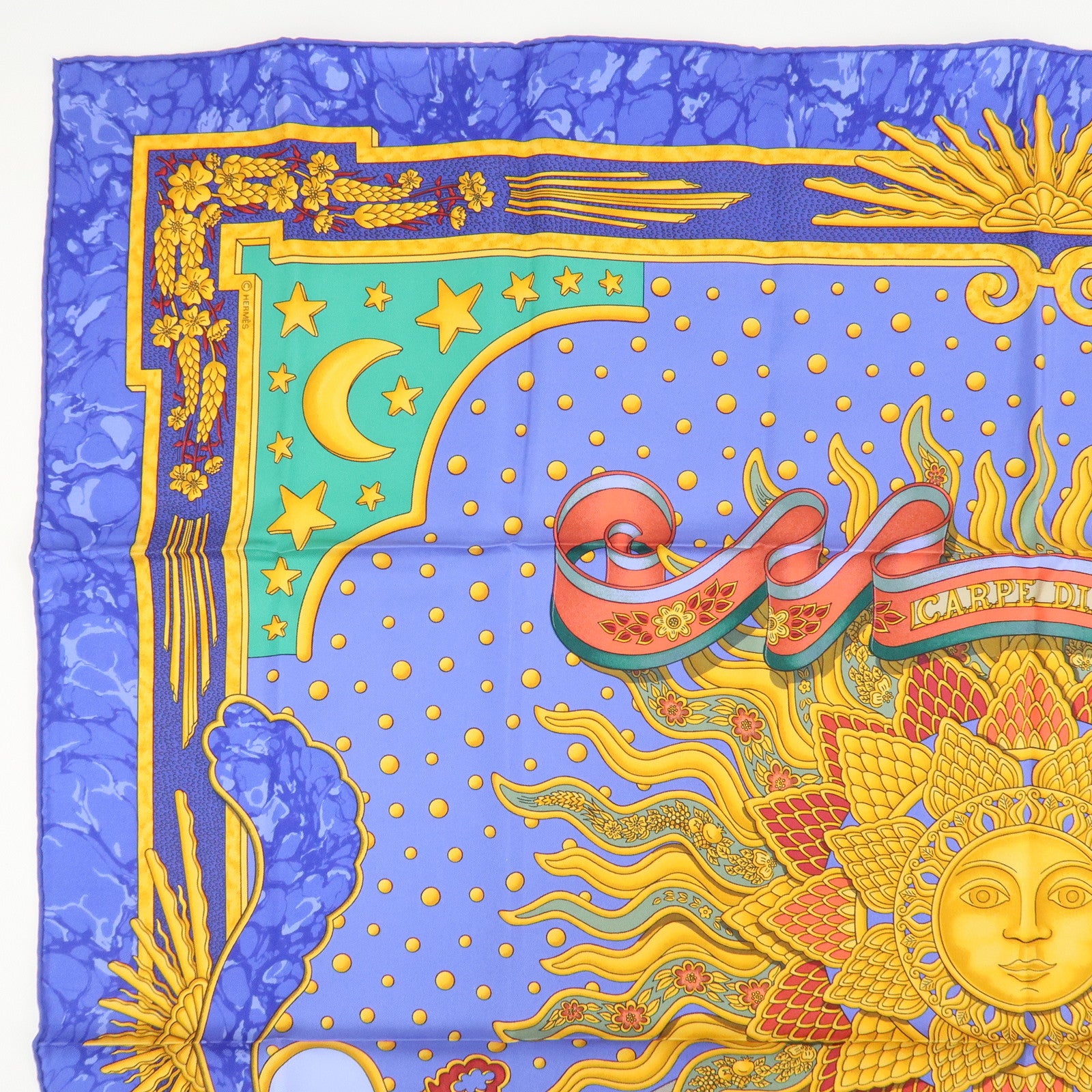 HERMES Carre 90 Silk 100% Scarf CARPE DIEM Blue Yellow Multicolor