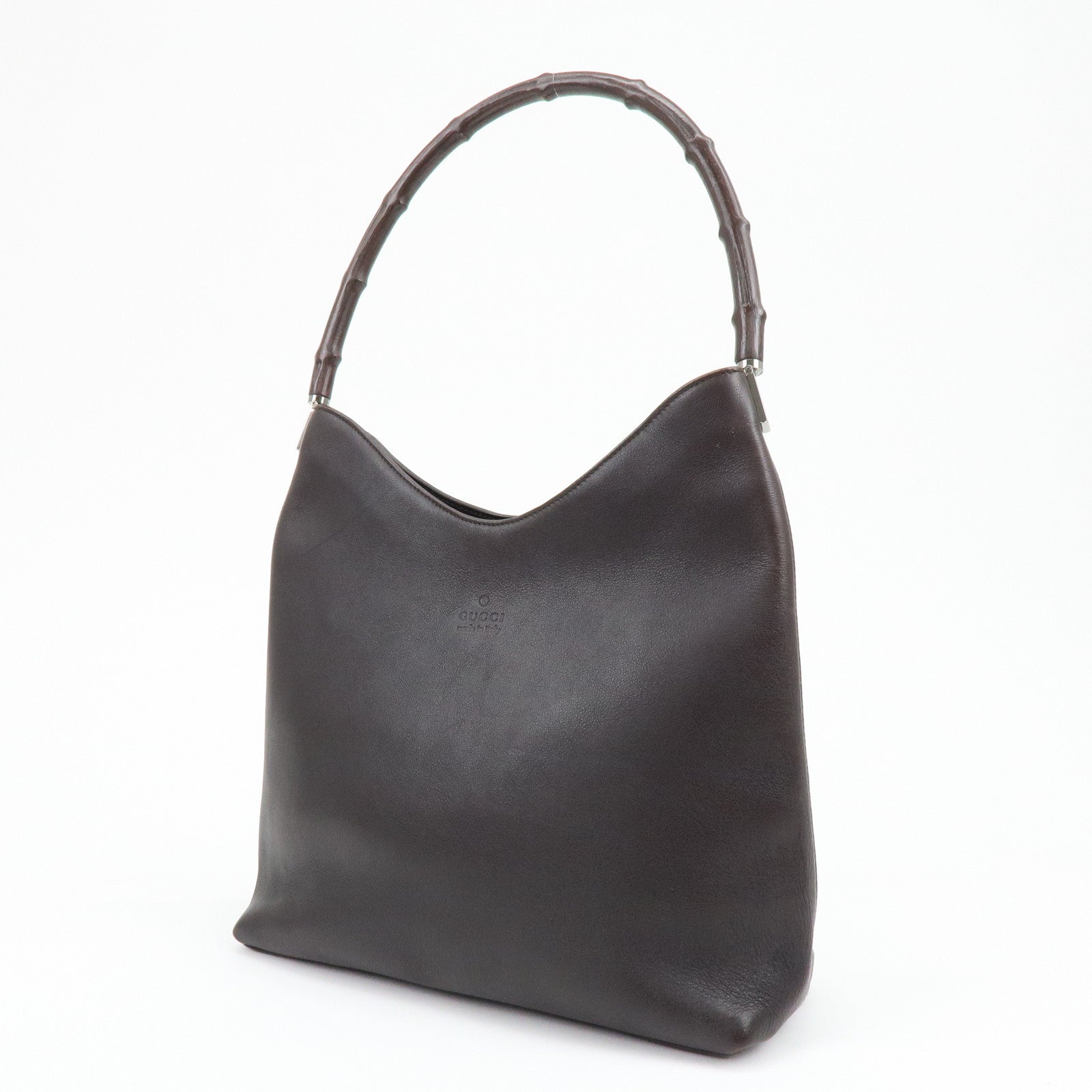 GUCCI Bamboo Leather Shoulder Bag Hand Bag Dark Brown 001・3244