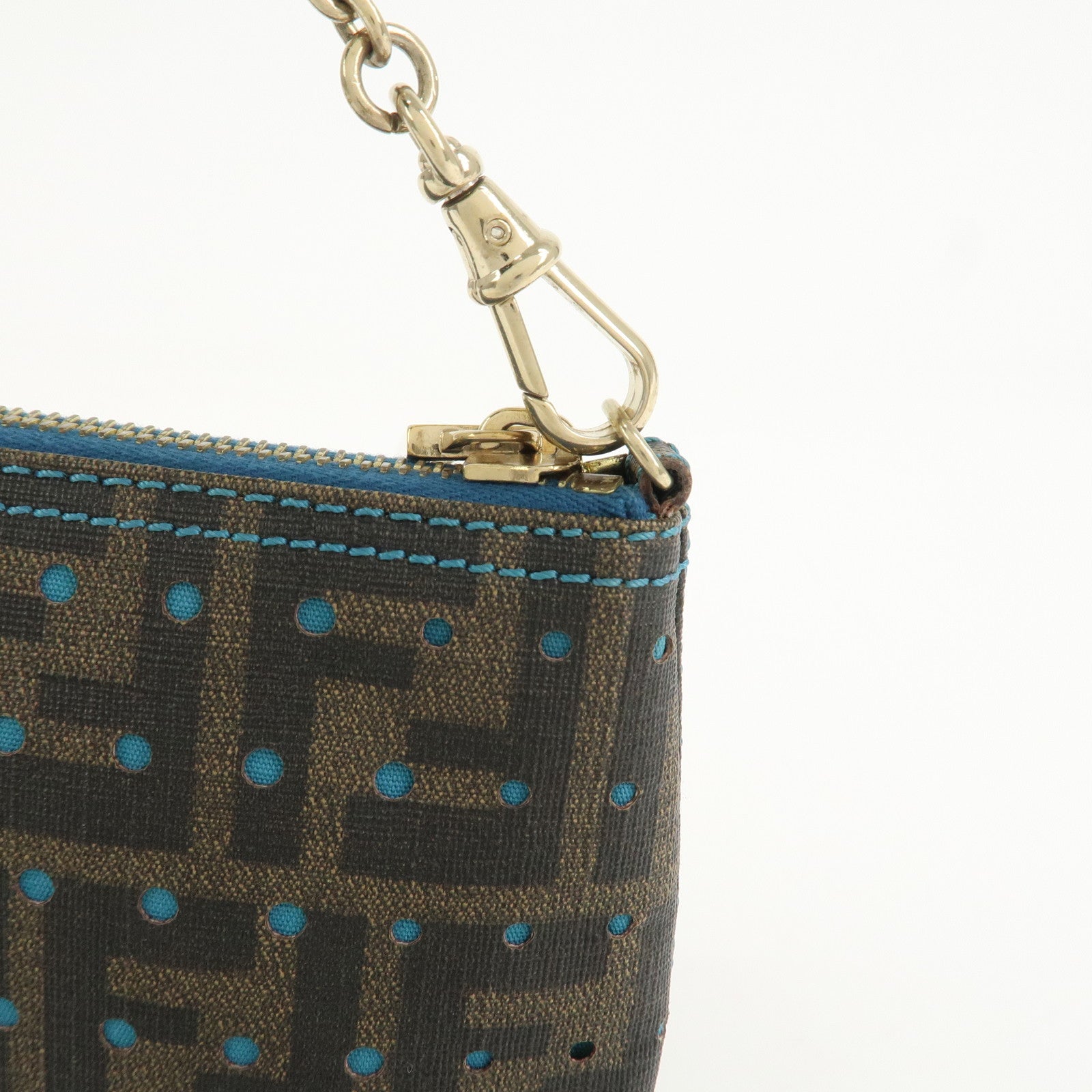 FENDI Zucca PVC Canvas Chain Accessory Pouch Brown Blue 8BR592