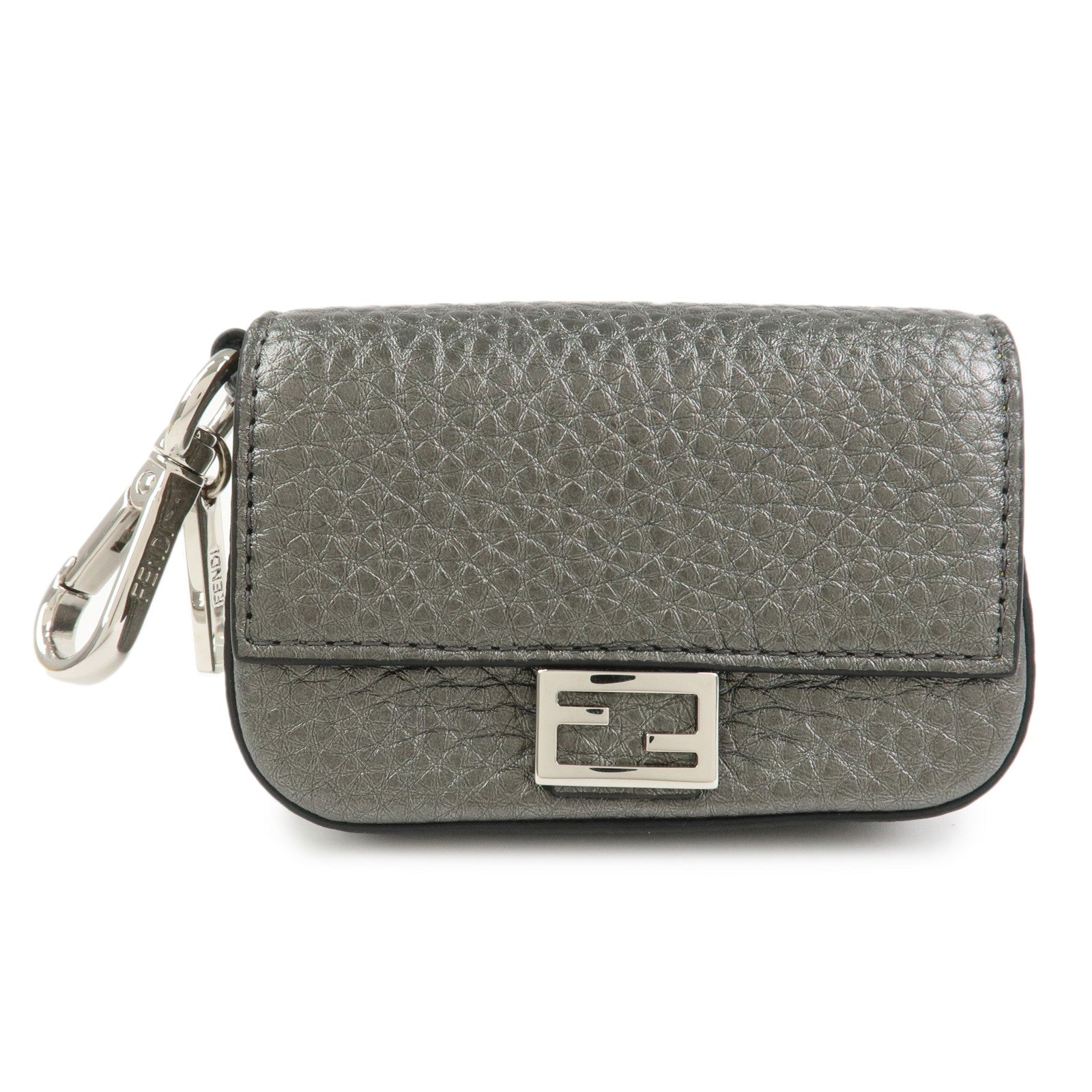 FENDI Nano Baguette Calf Leather Bag Charm Key Chain Silver 7AR809