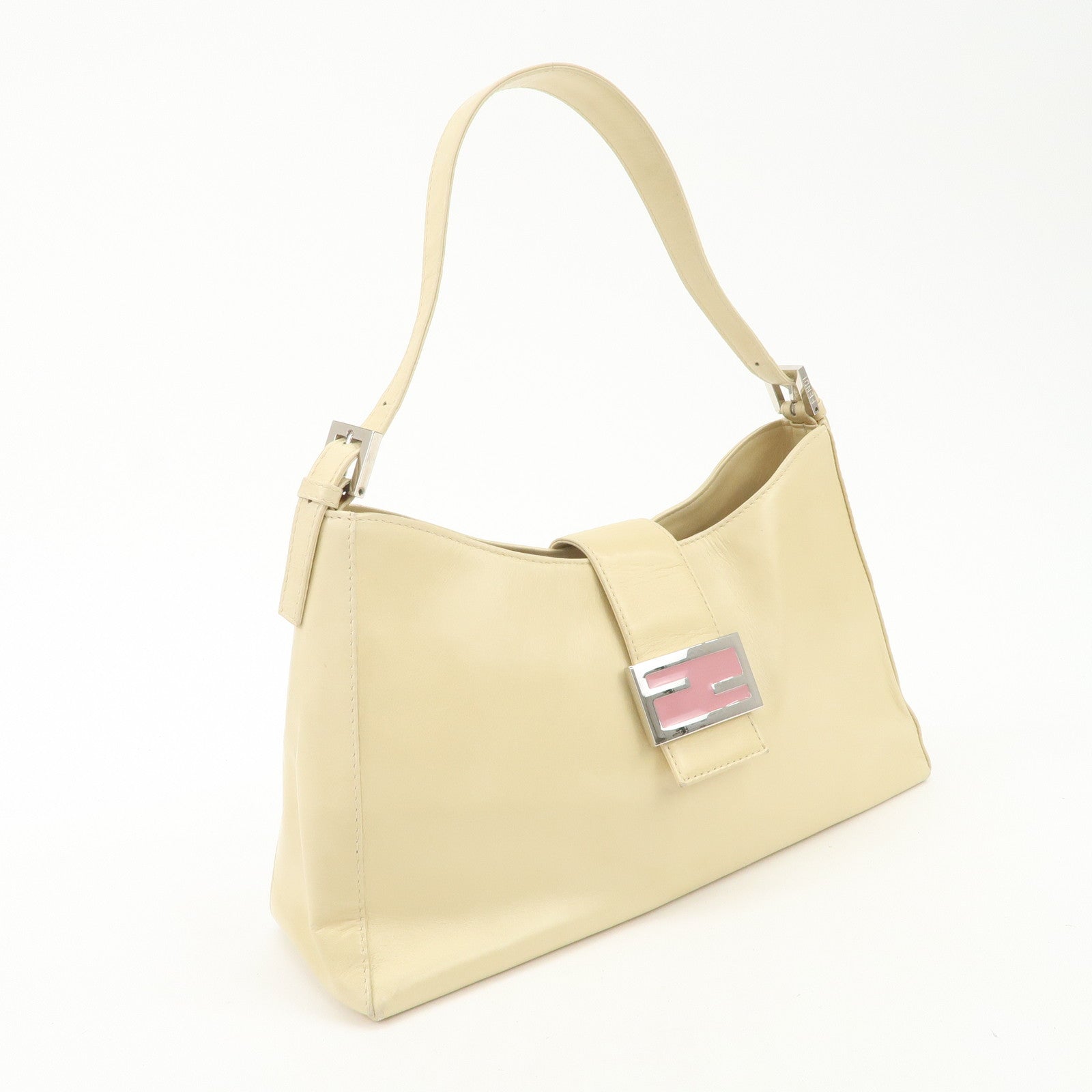 FENDI Logo Leather Shoulder Bag Hand Bag Beige Silver Hardware