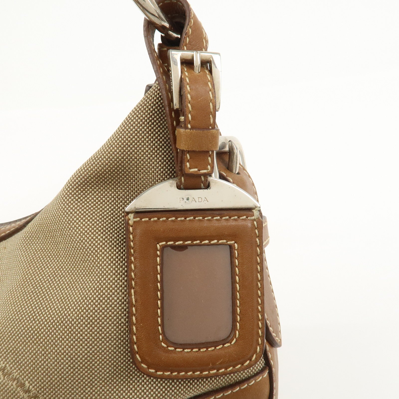PRADA Logo Jacquard Leather Shoulder Bag Beige Brown BR3429