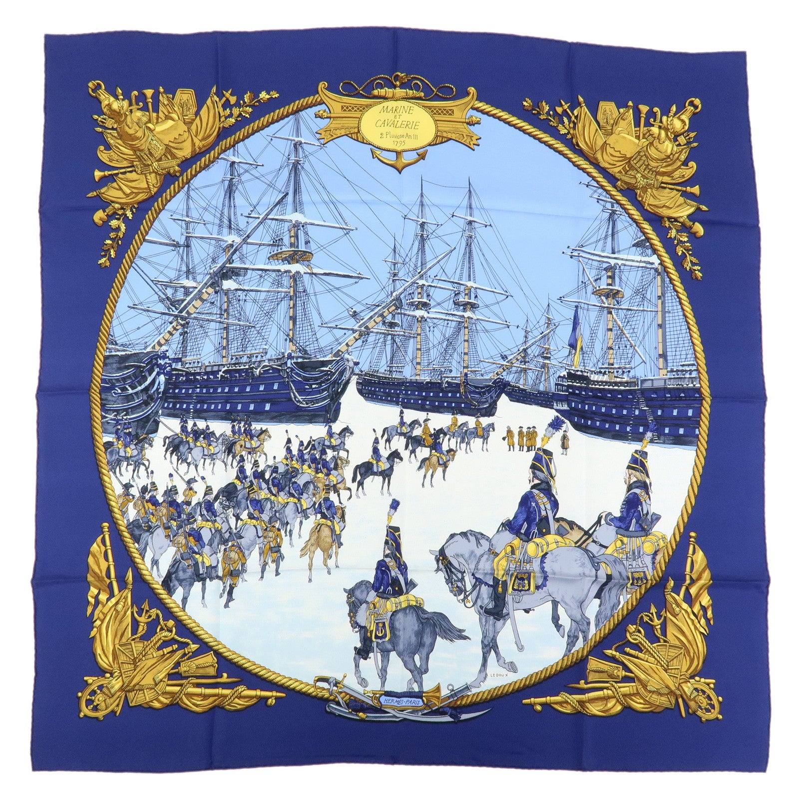 HERMES Carre 90 Silk 100% MARINE ET CAVALERIE Scarf