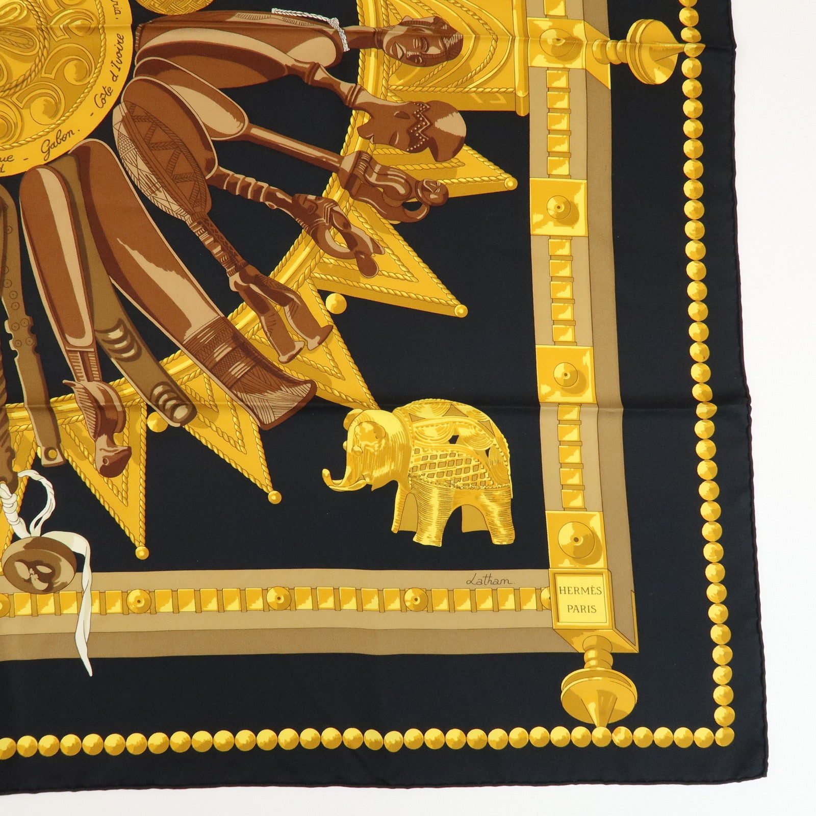 HERMES Carre 90 Silk 100% Scarf CUILLERS D'AFRIQUE Black Gold