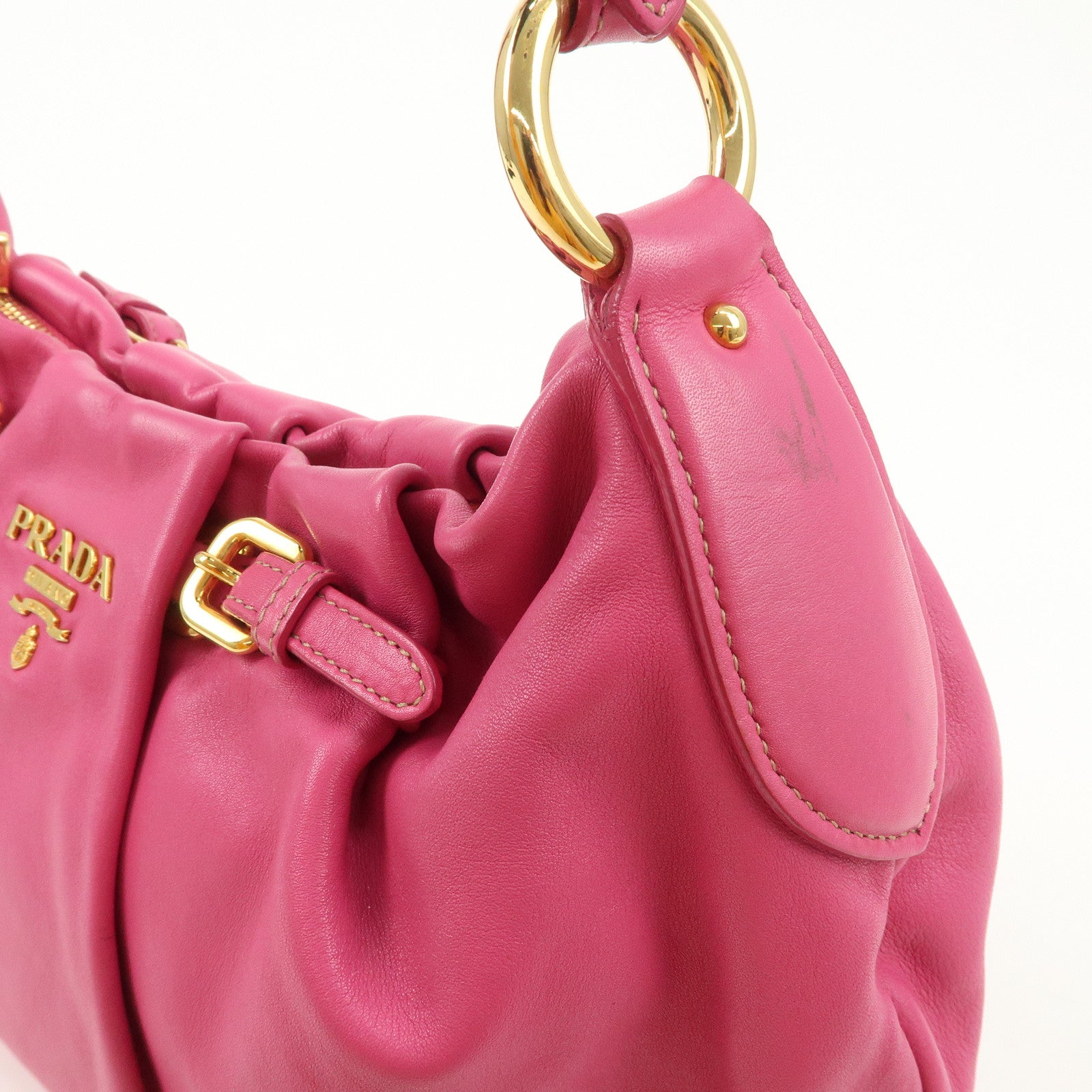 PRADA Logo Leather Shoulder Bag Pink Gold HDW