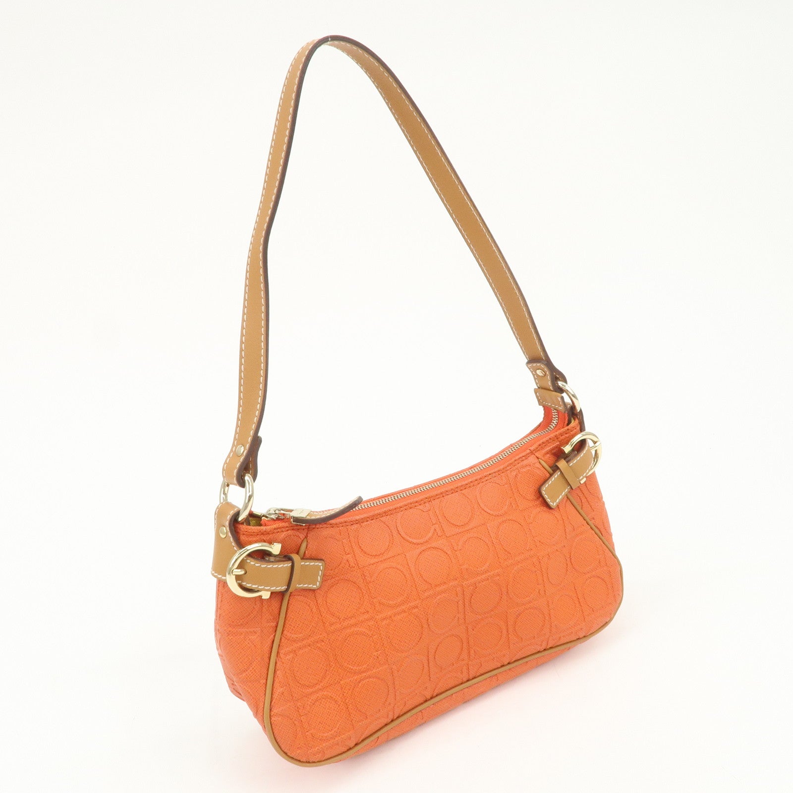 Ferragamo Gancini Leather Shoulder Bag Hand Bag Orange Beige