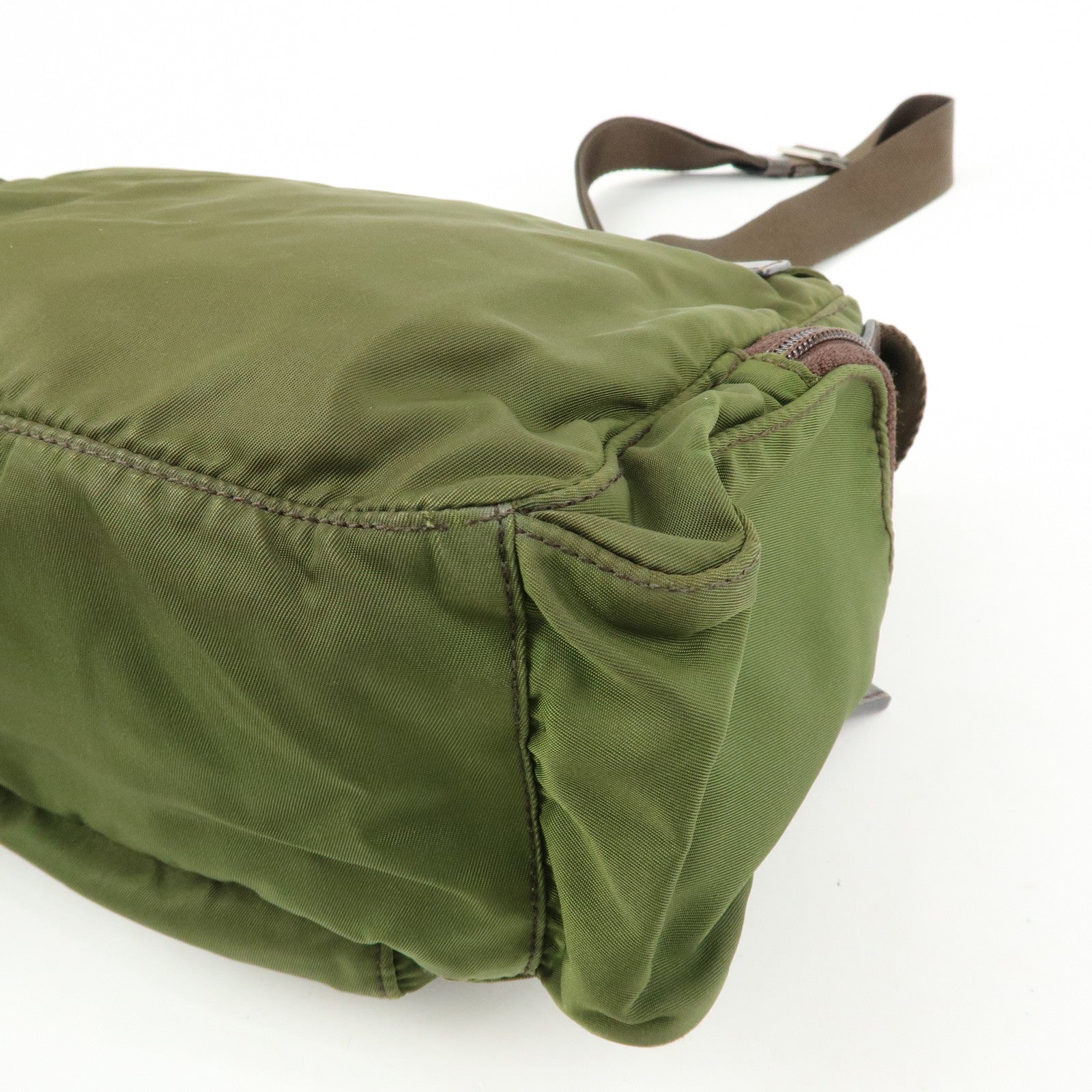 PRADA Triangle Logo Nylon Leather Shoulder Bag Khaki Brown