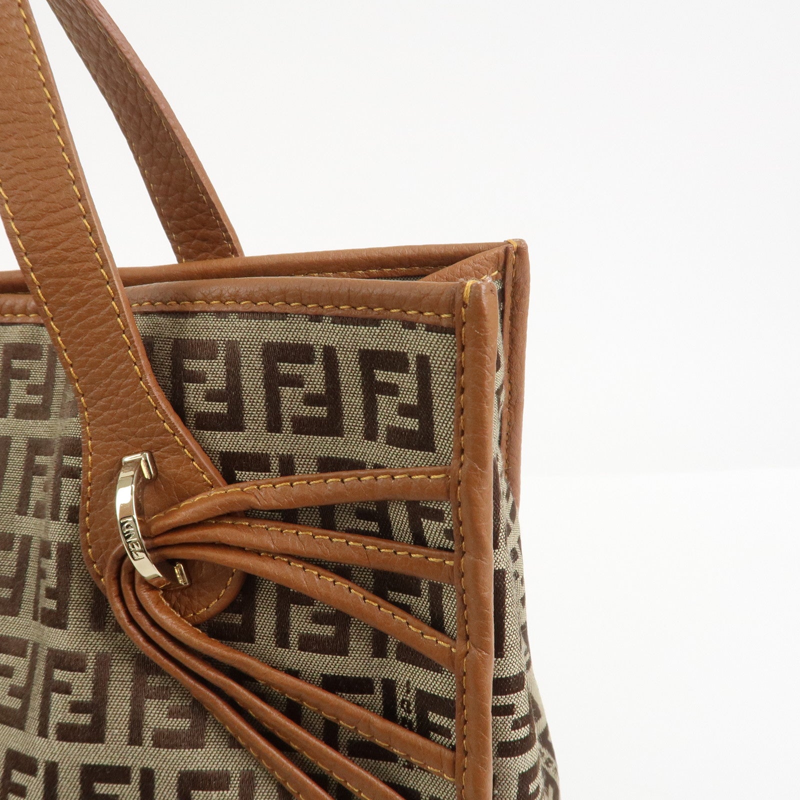 FENDI Zuccino Canvas Leather Tote Bag Hand Bag Brown 8BH153