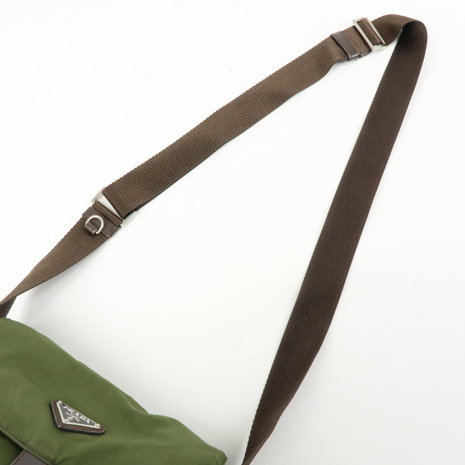 PRADA Triangle Logo Nylon Leather Shoulder Bag Khaki Brown