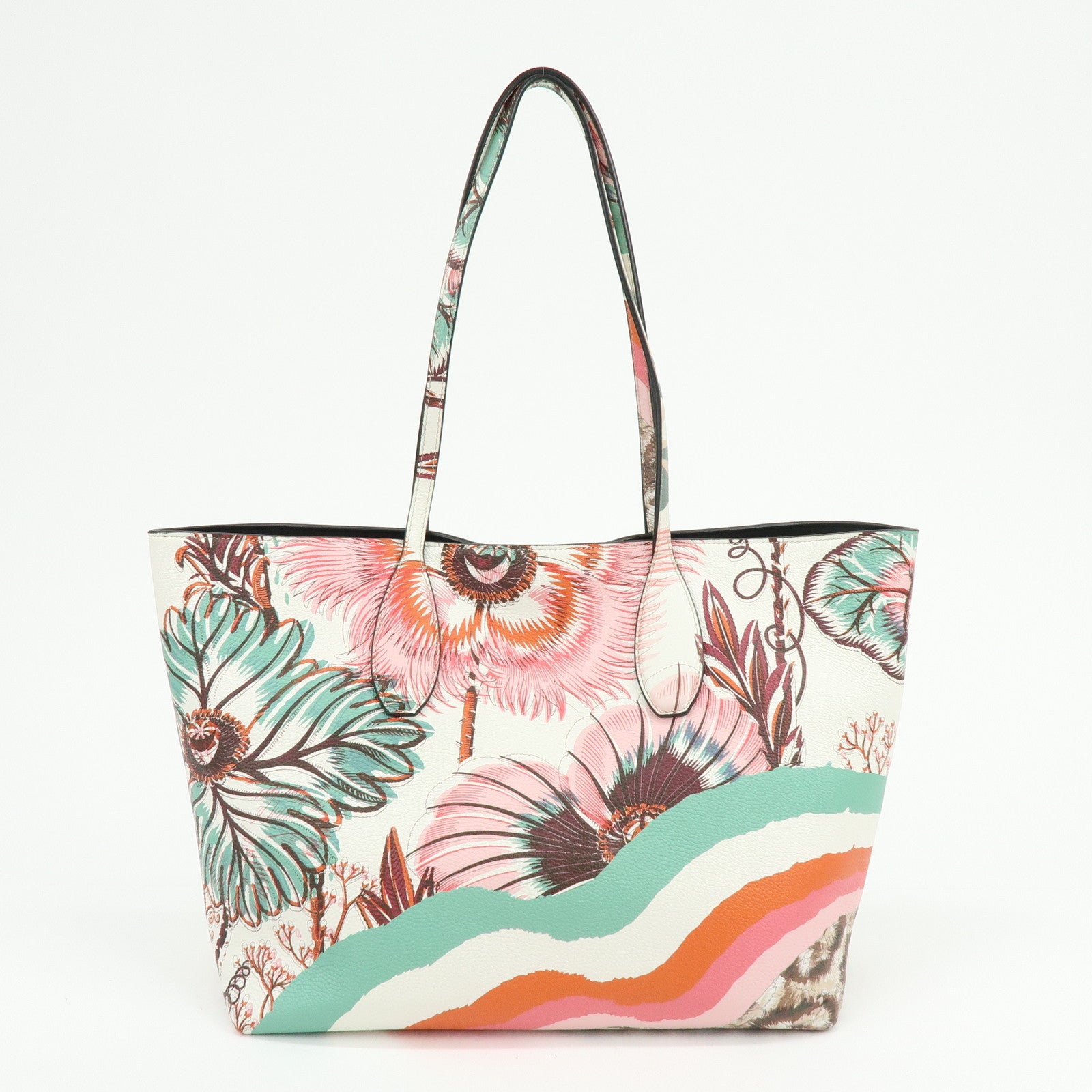 Ferragamo Gancini Leather Tote Bag Shoulder Bag Flower Print