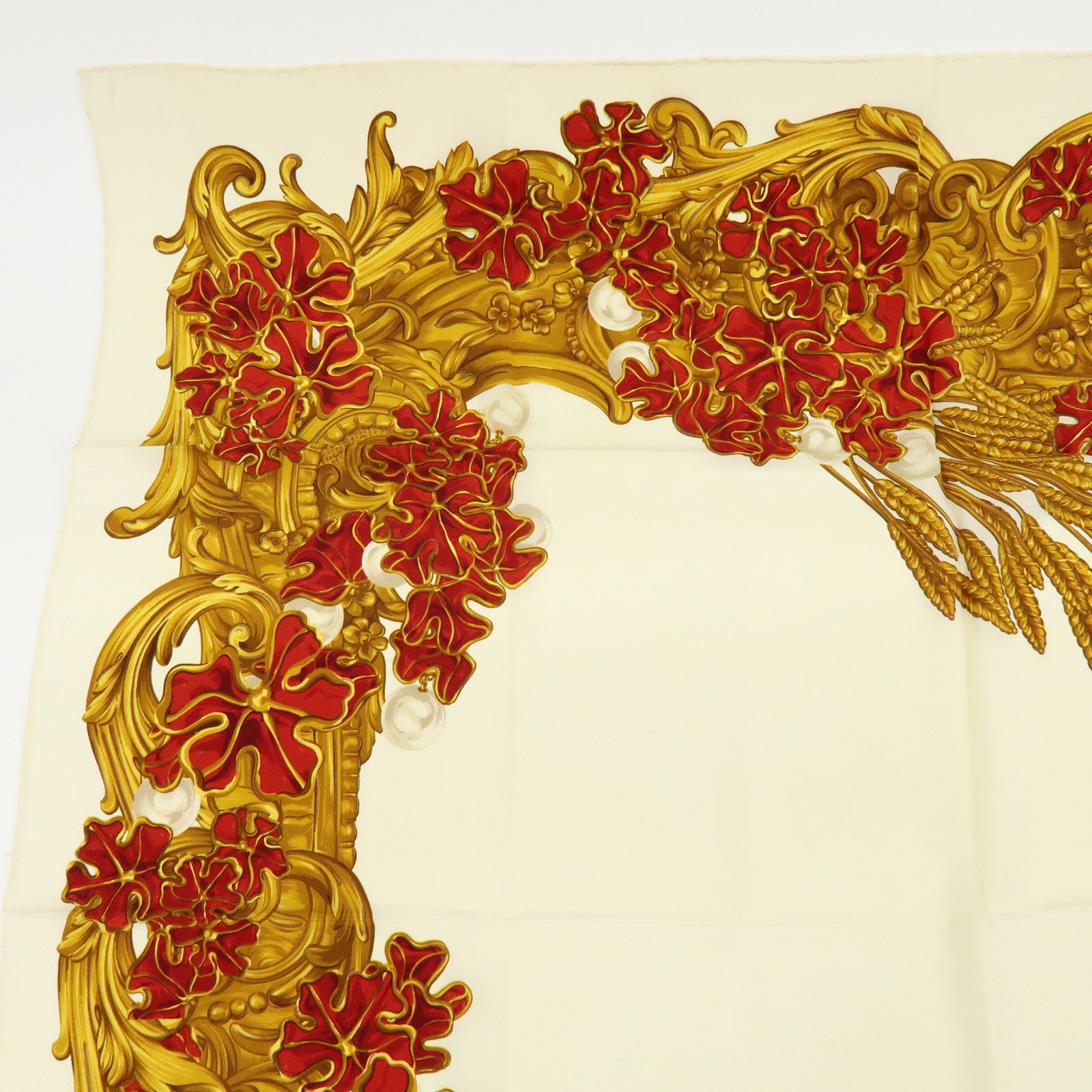 CHANEL Silk 100% Scarf Pearl Flower Motif Gold Red Ivory