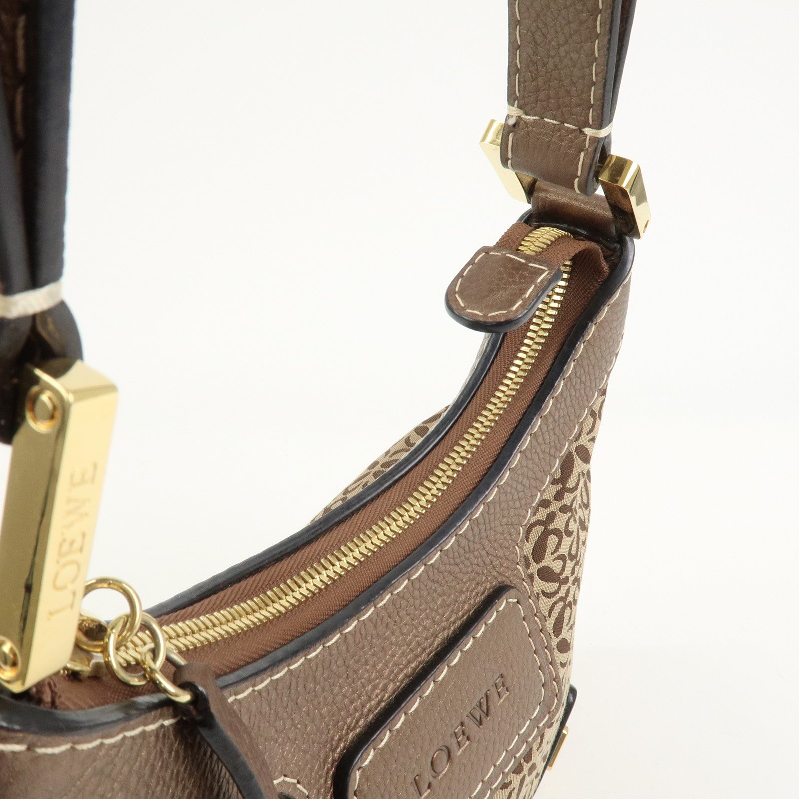 LOEWE New Road Line Logo Canvas Leather Shoulder Bag Brown Beige