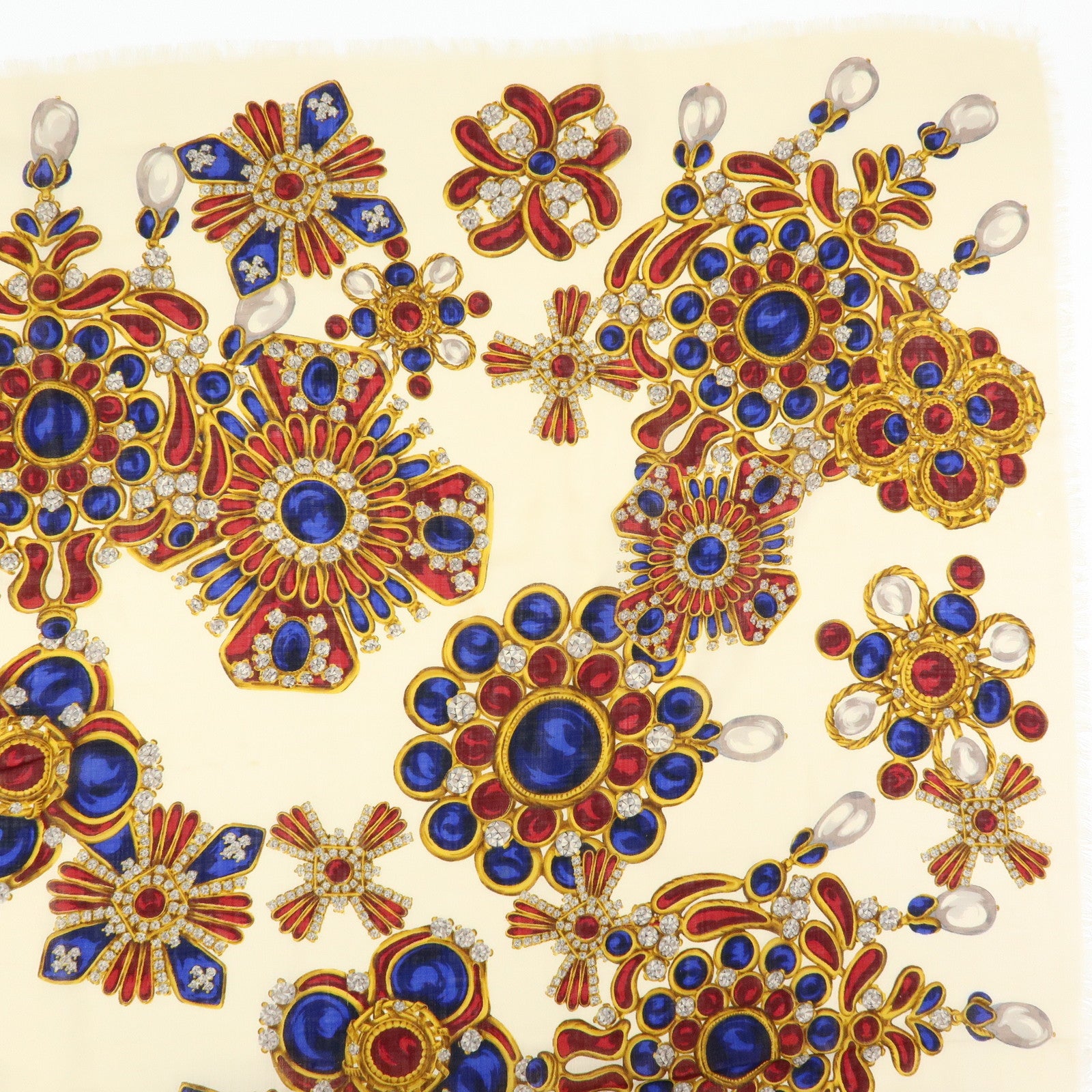 CHANEL Wook Silk Jewlry Pattern Scarf Beige Gold Red Blue