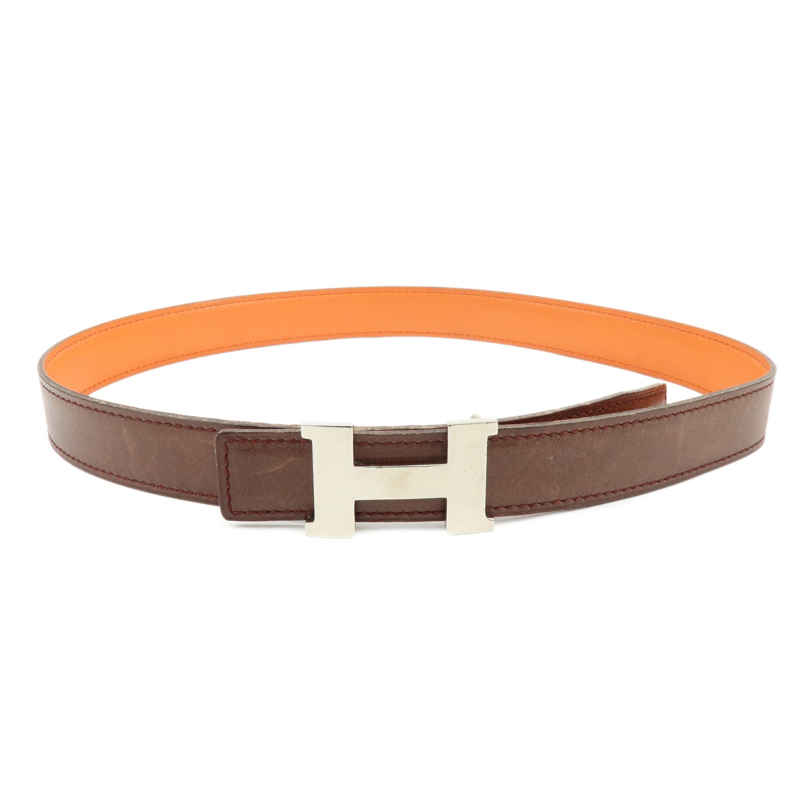 HERMES Leather H Buckle □B Stamped Reversible Constance Belt Brown
