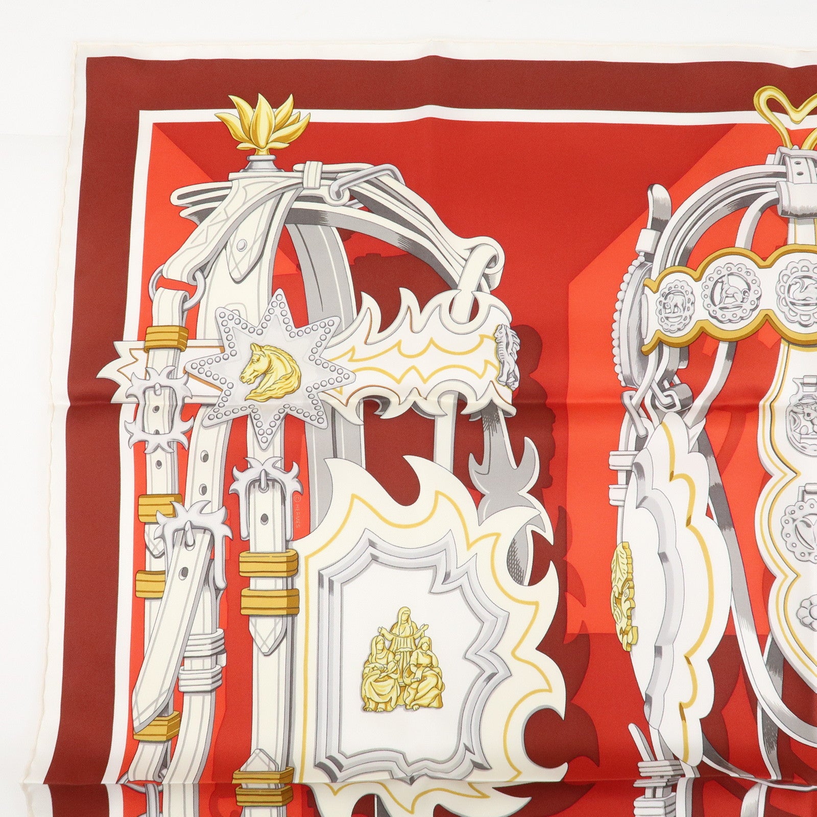 HERMES Carre 90 Silk 100% BRIDES ET DESTIN Red Used