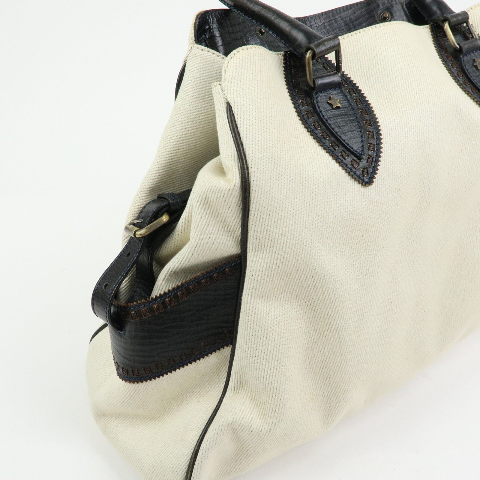 FENDI Etnico Denim Leather Tote Bag Ivory Dark Brown 8BN158