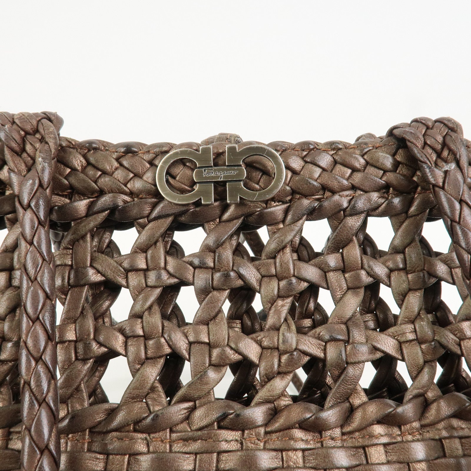 Ferragamo Gancini Logo Leather Tote Bag Shoulder Bag Brown