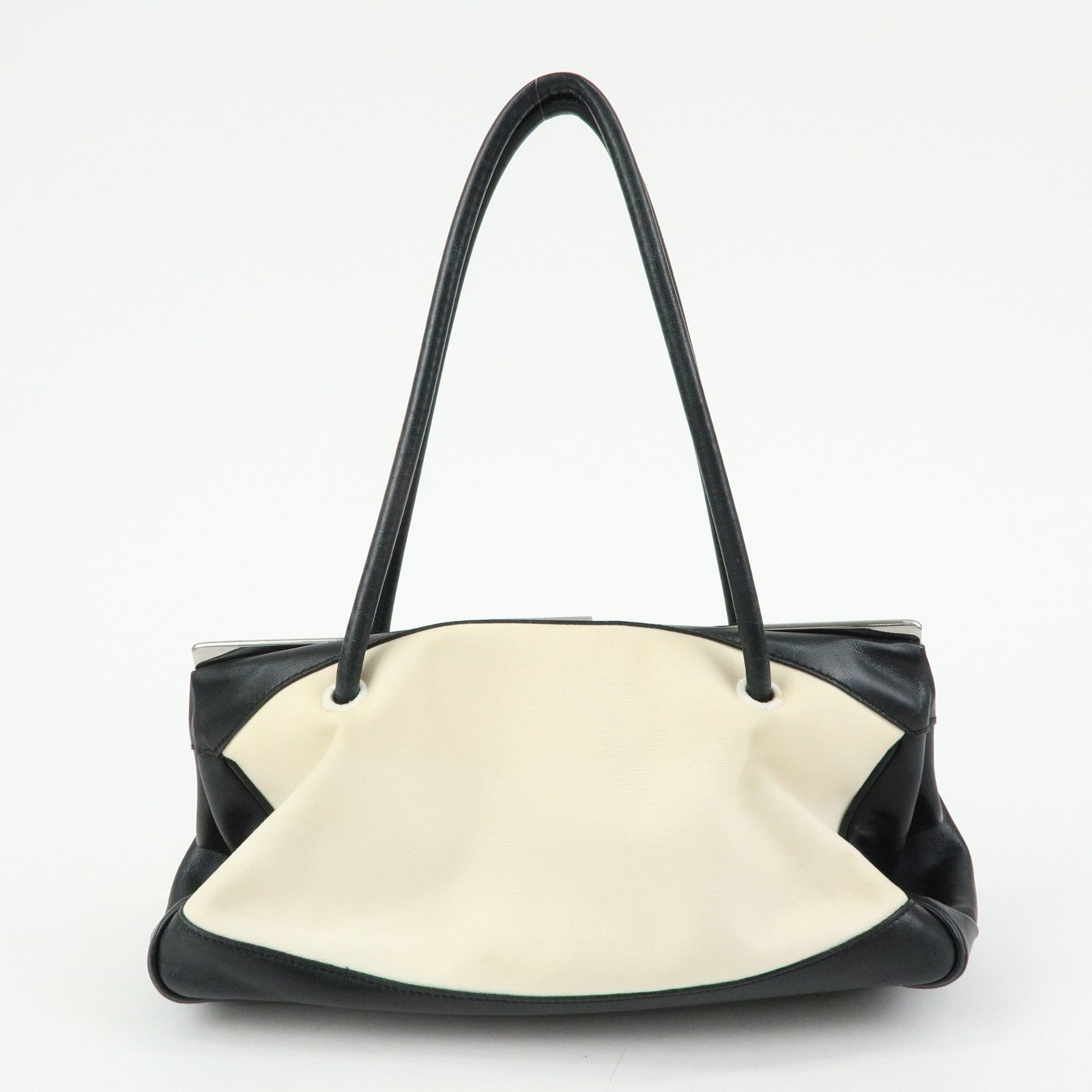 GUCCI Canvas Leather Hand Bag Ivory Black 92726