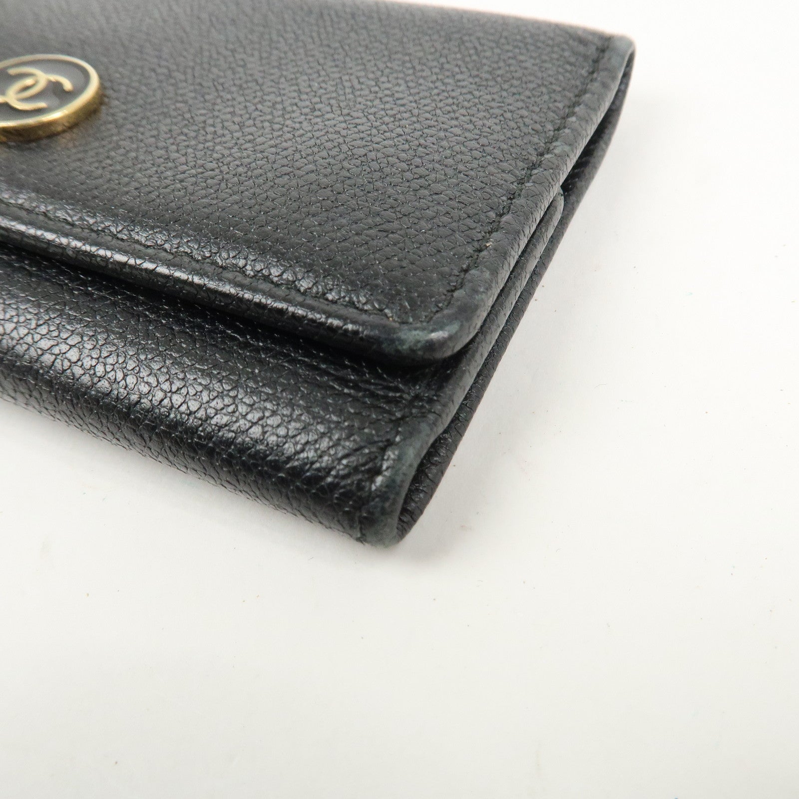 CHANEL Set Of 2 Leather Bi-Fold Long Wallet Key Case Black Gold