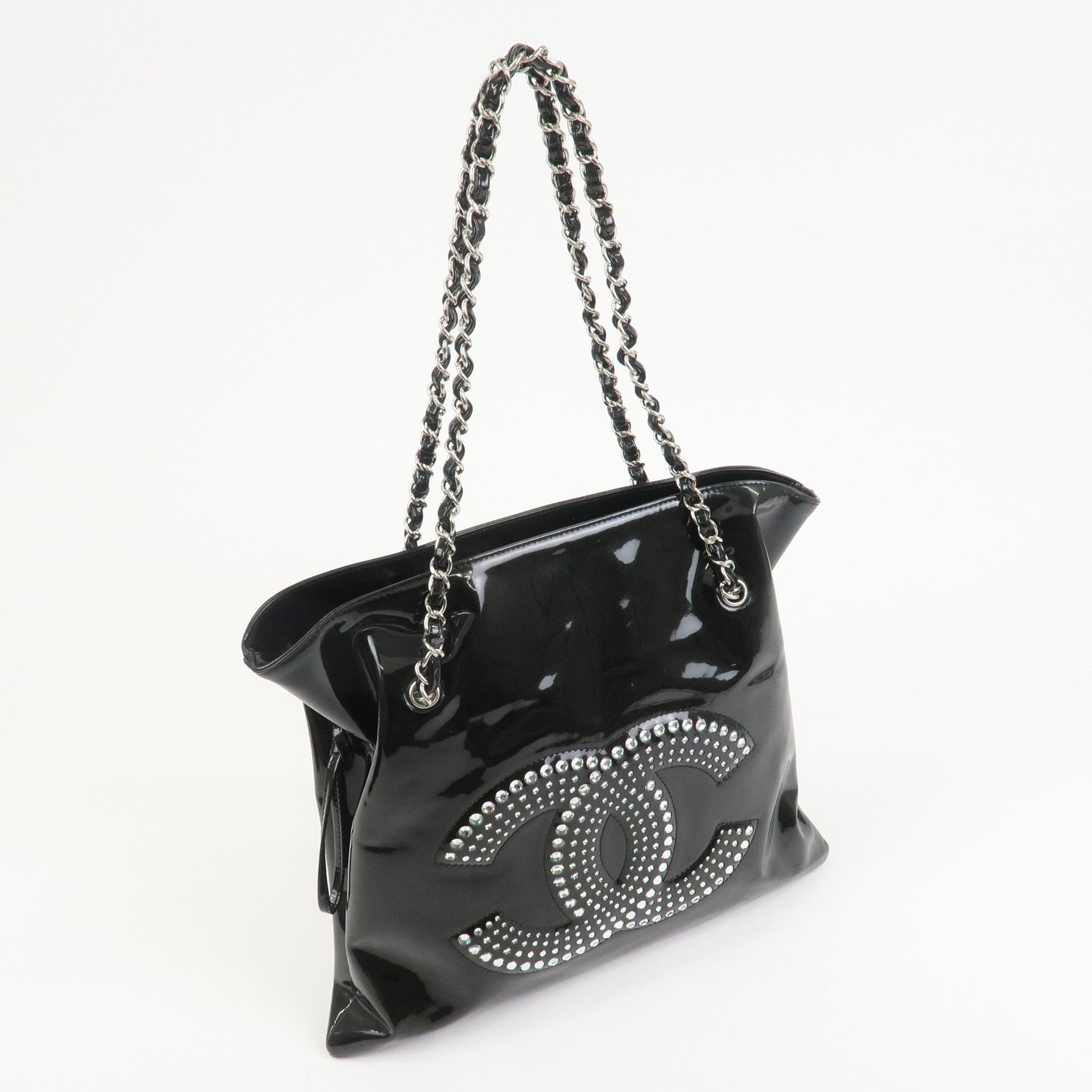 CHANEL COCO Mark Patent Leather Rhinestone Tote Bag Black